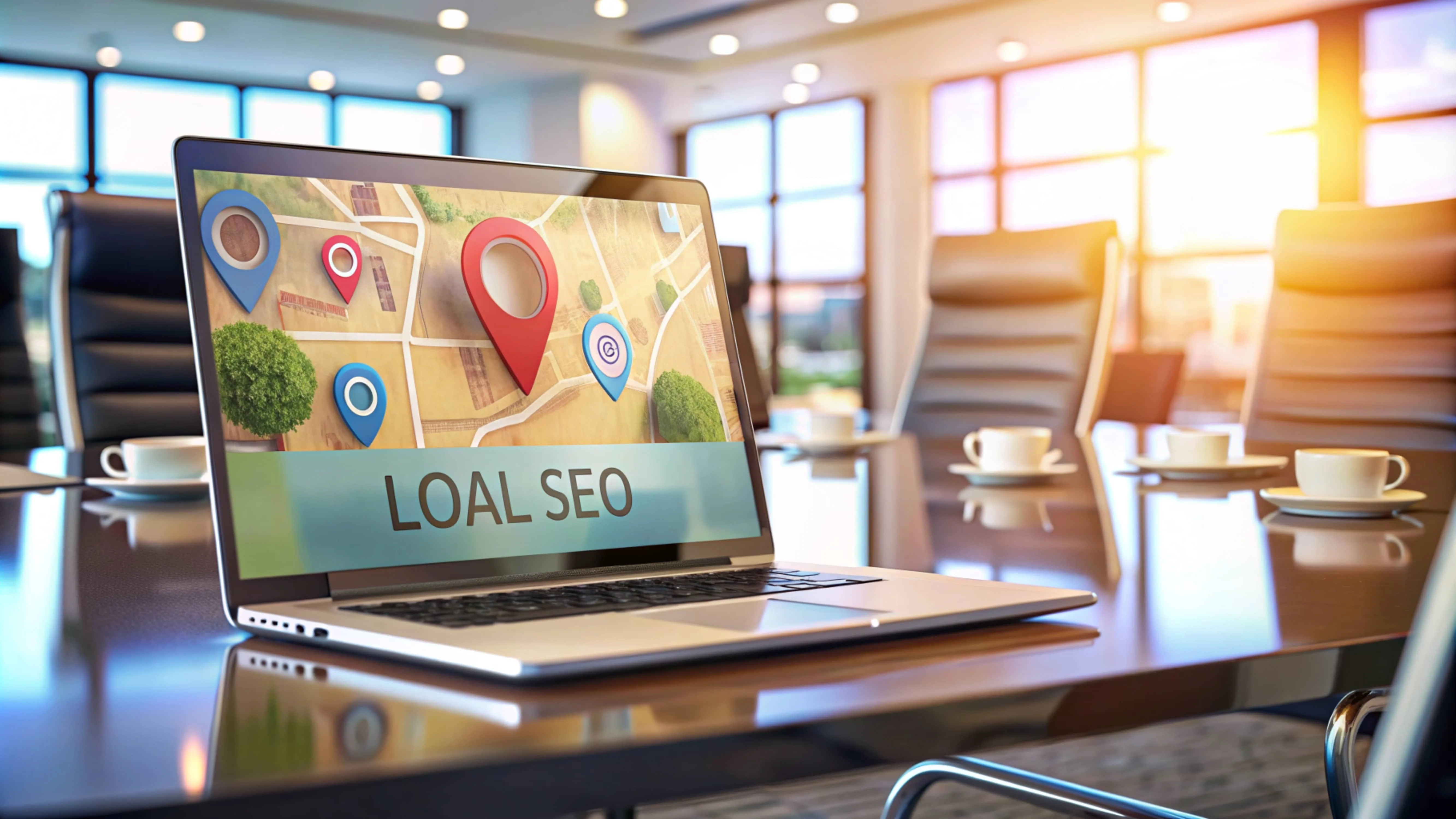 Brisbane local SEO services showing laptop with optimization dashboard and local search results