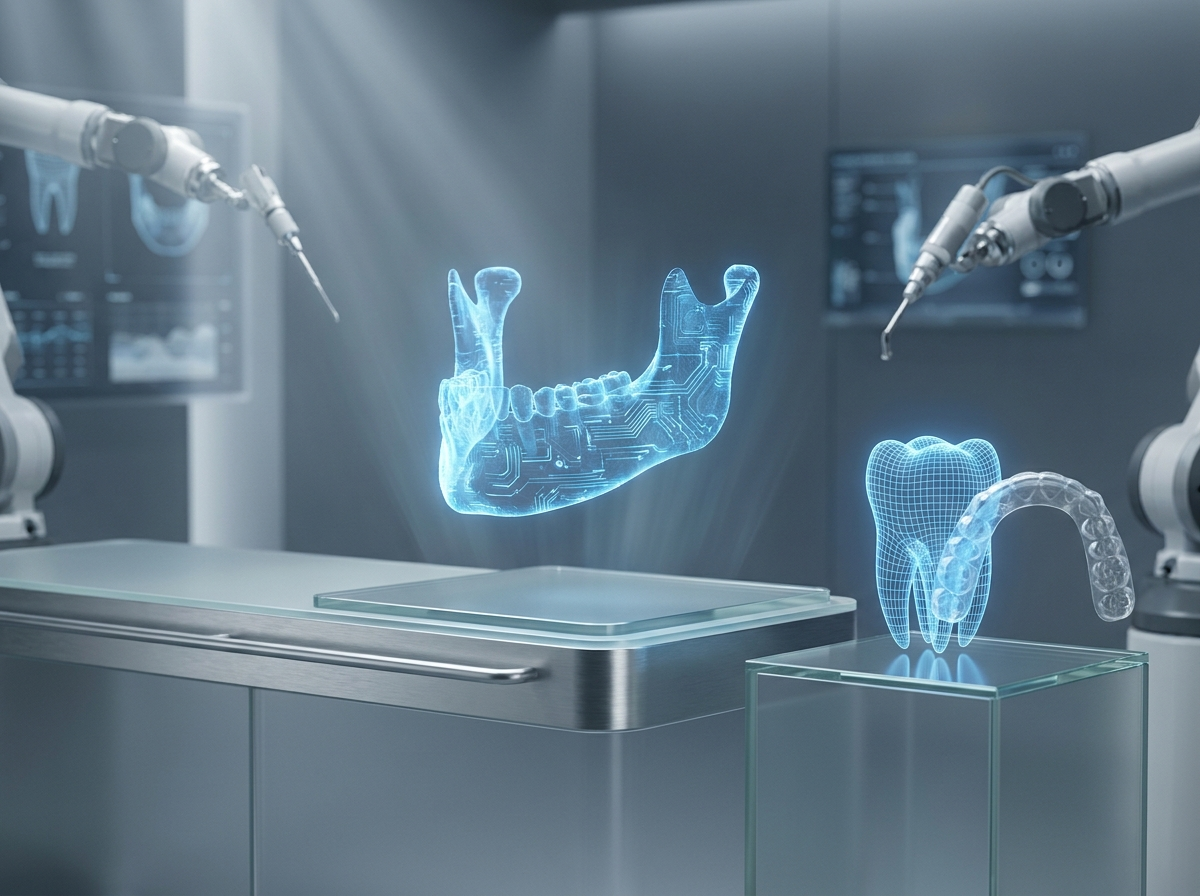 A glowing 3D digital jaw scan and clear aligner at AlignTech Orthodontics