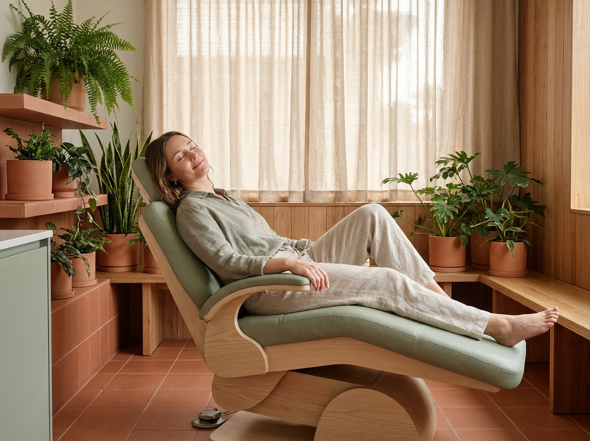 A deeply relaxed patient in a calm, botanical dental clinic at Botanica
