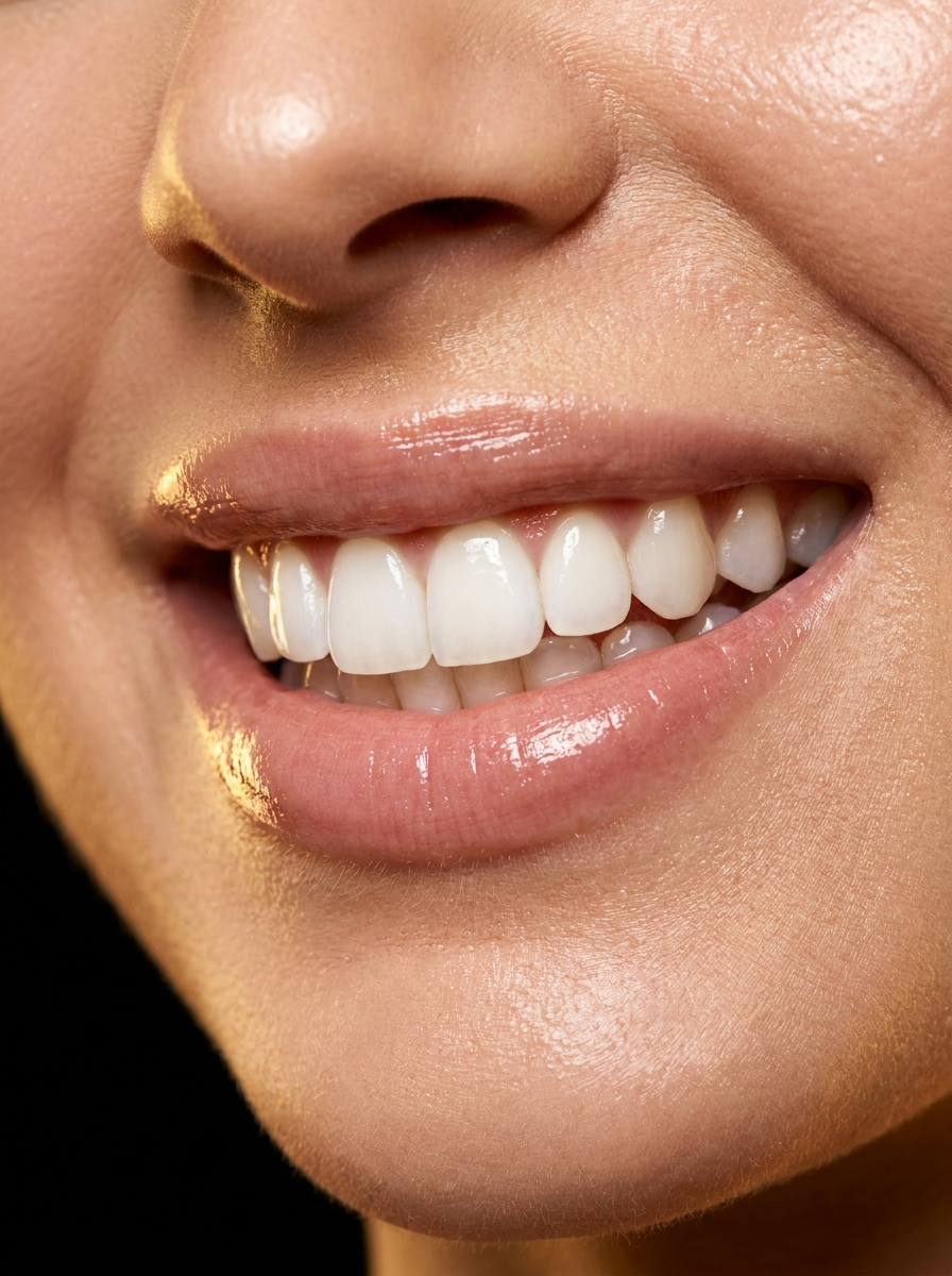 A flawless, radiant smile under warm gold studio light