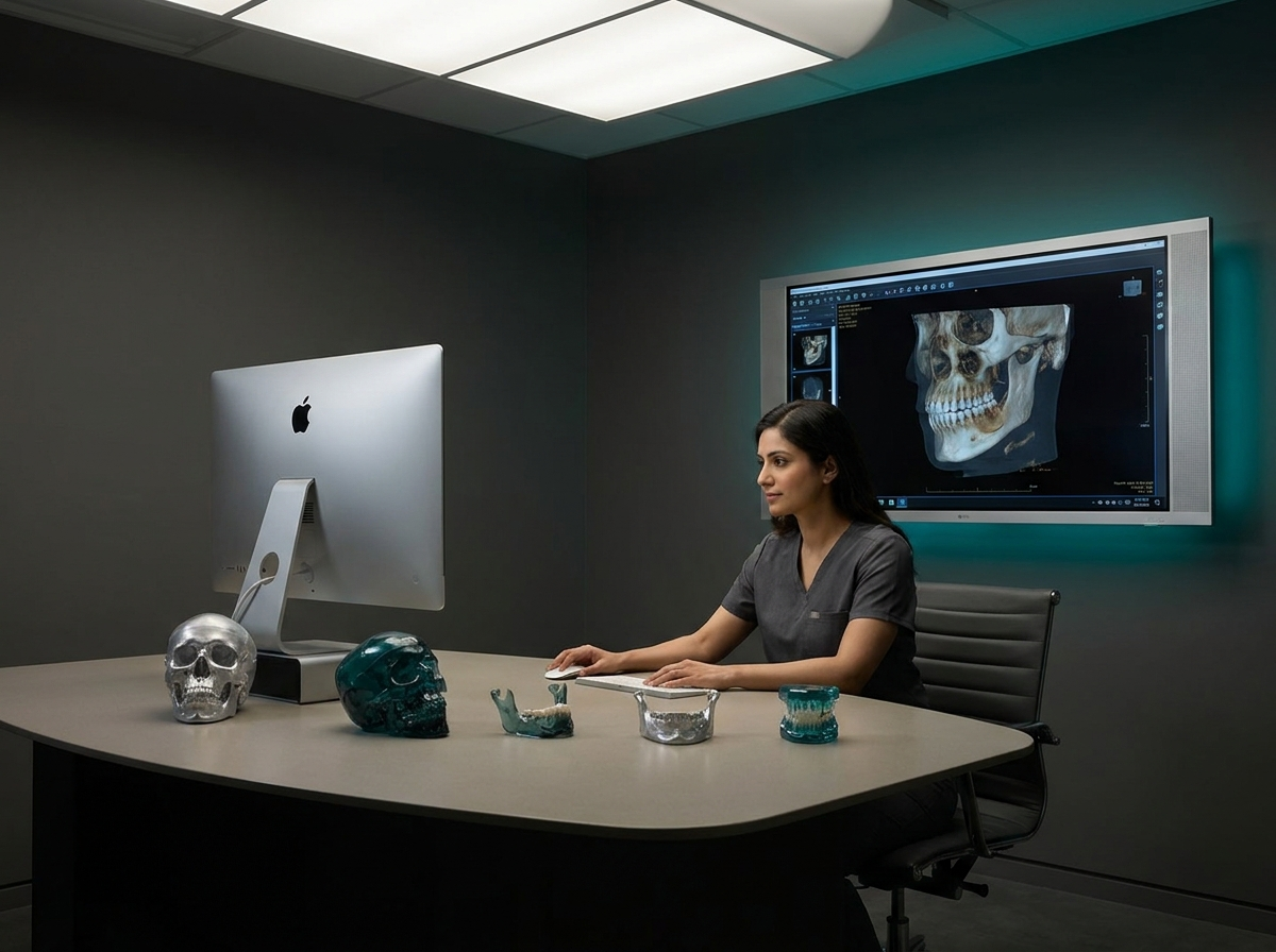 A specialist oral and maxillofacial surgeon reviewing a 3D scan