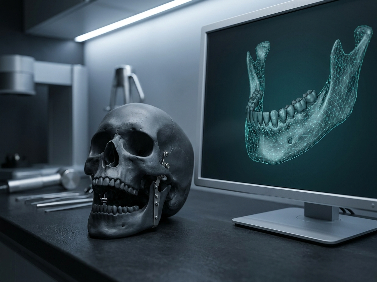 Anatomical facial model beside a 3D surgical diagram on screen