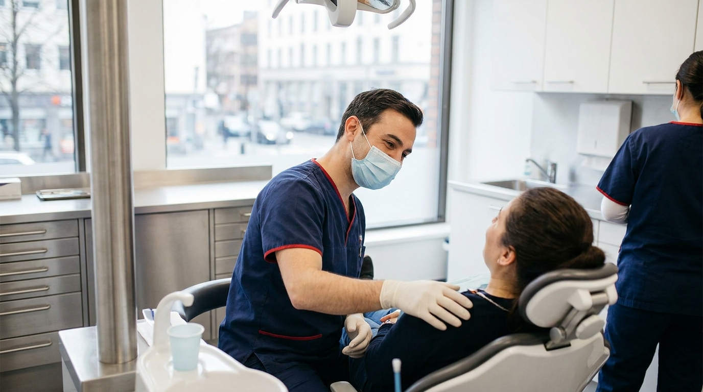 Empathetic emergency dentist reassuring a patient in a bright clinical surgery