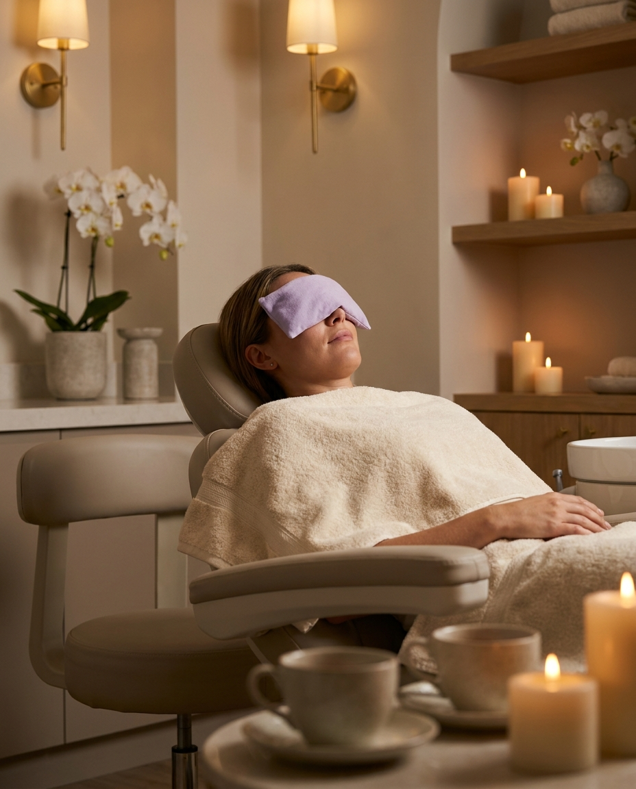 A guest resting deeply in a warm, dimly-lit treatment room