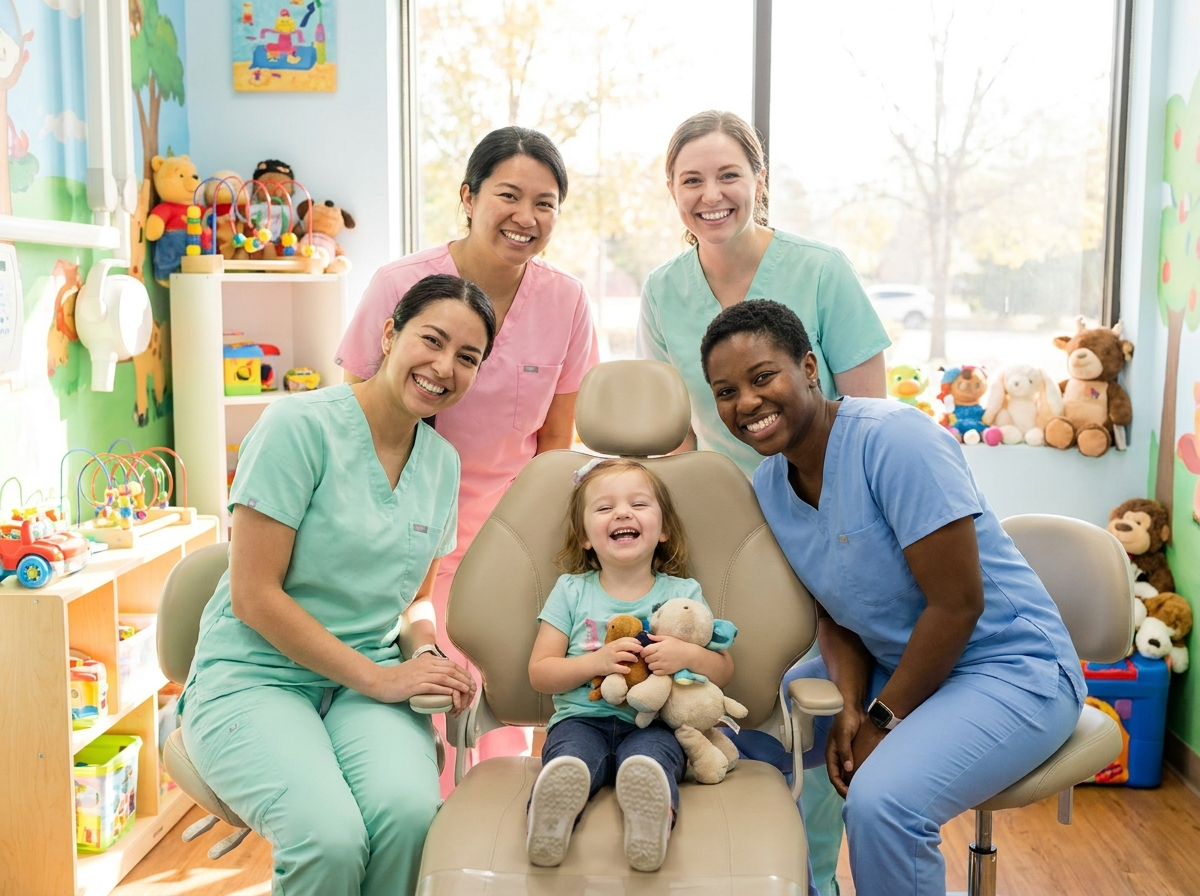 Friendly Sprout dental team with a happy child