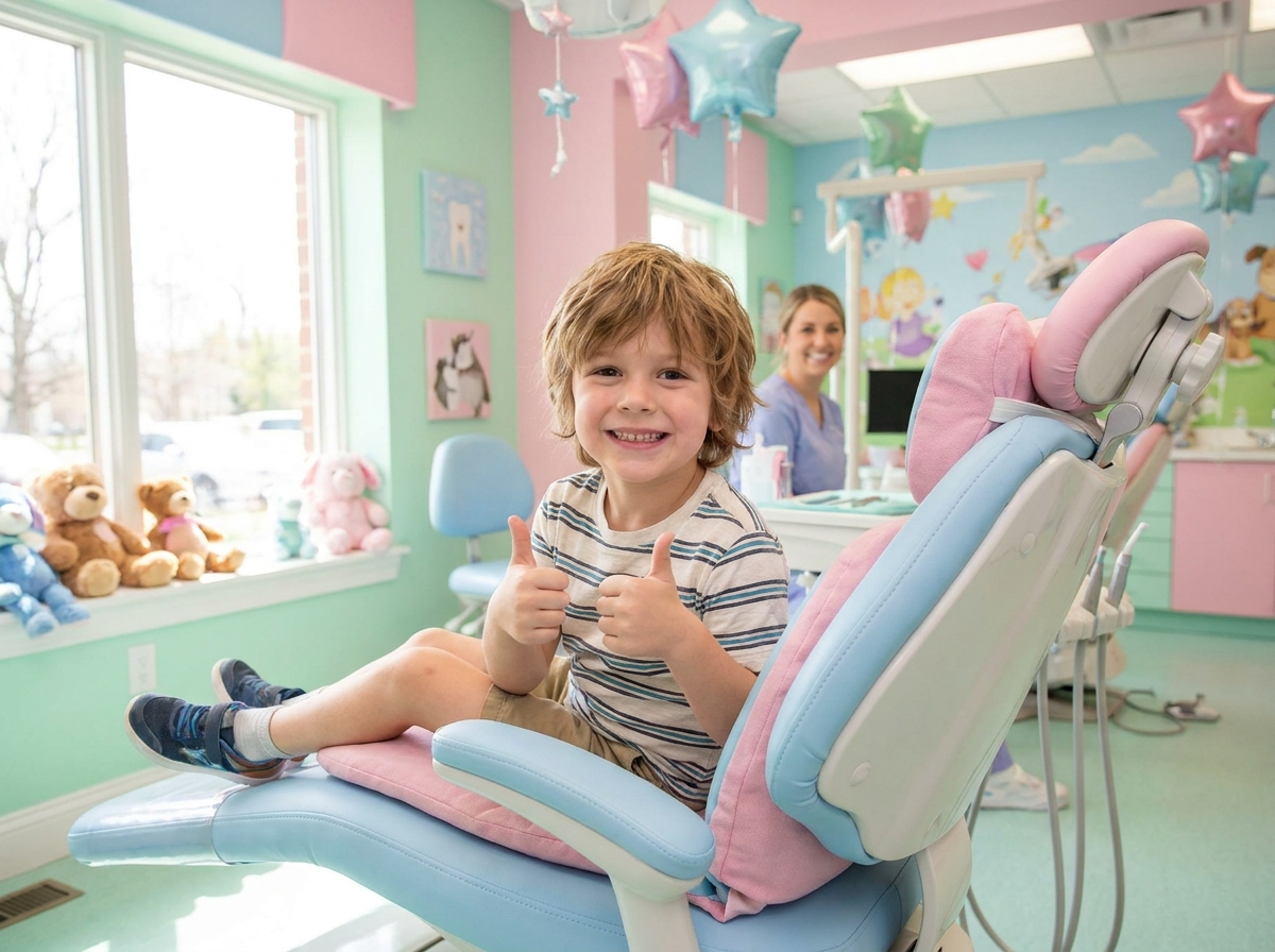 Smiling child at a colorful pediatric dental clinic