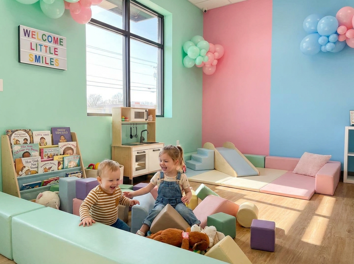 Joyful kids in a bright, toy-filled dental waiting room