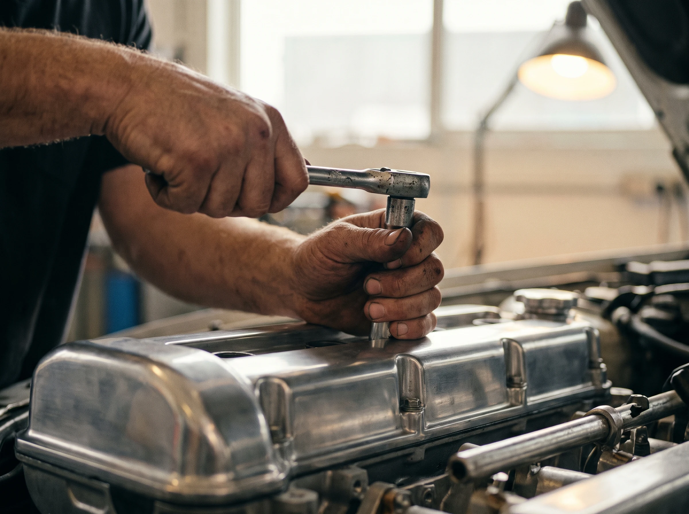 Close-up of professional car mechanics work