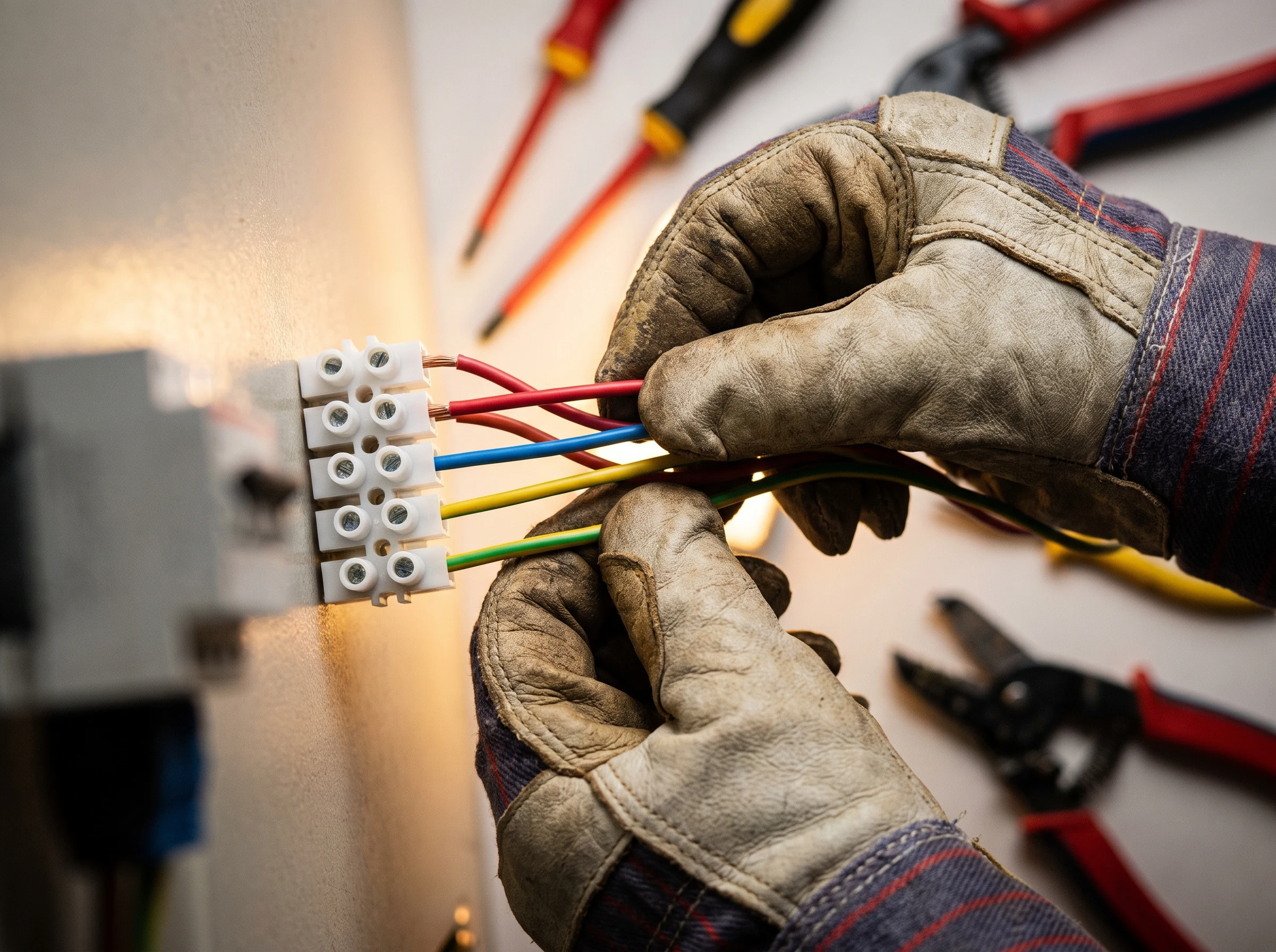 Close-up of professional electricians work