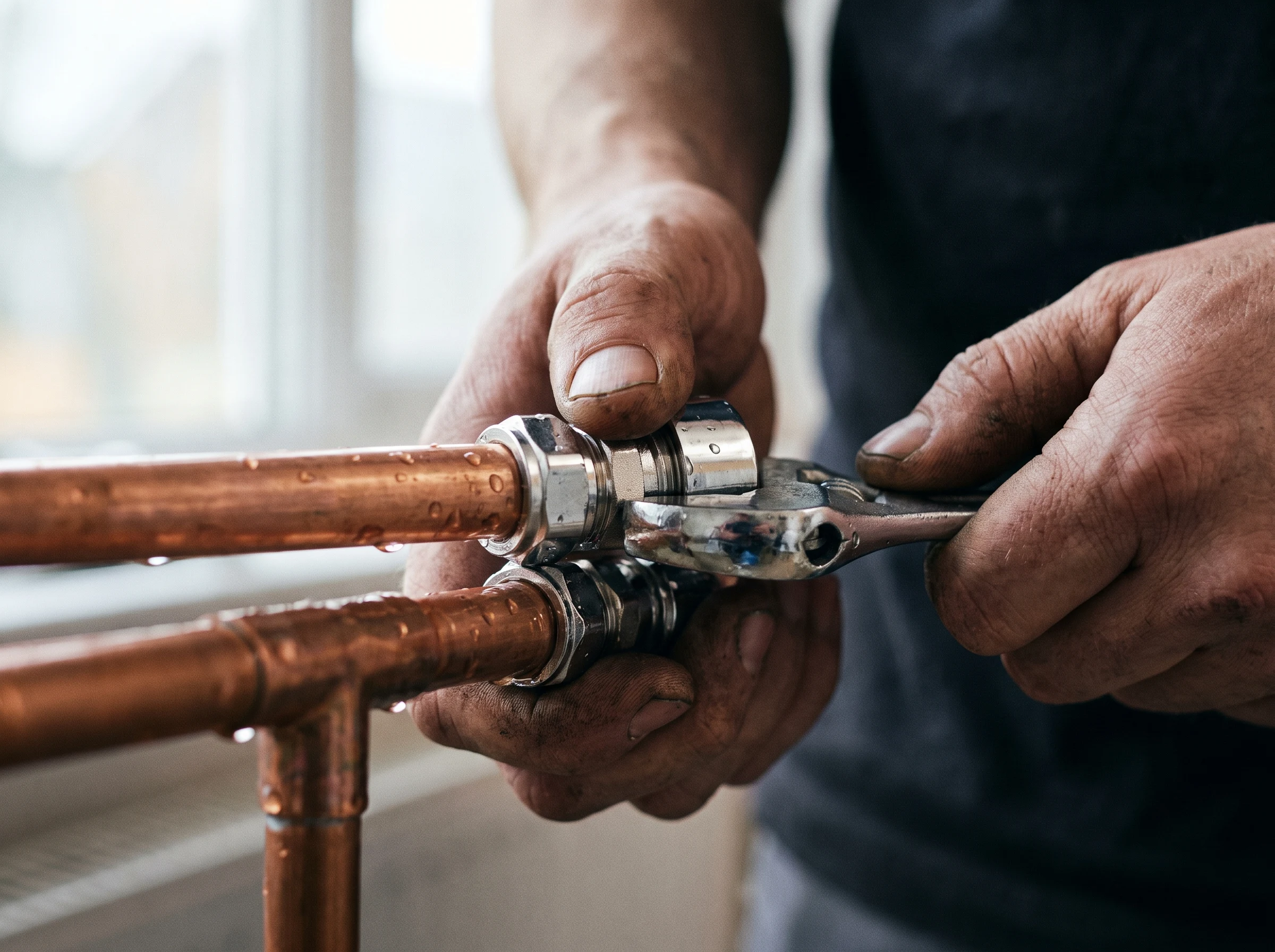 Close-up of professional plumbers work