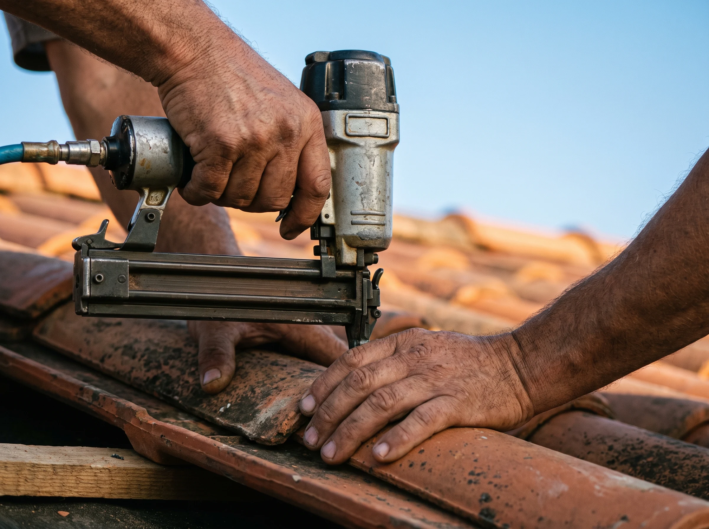Close-up of professional roofers work