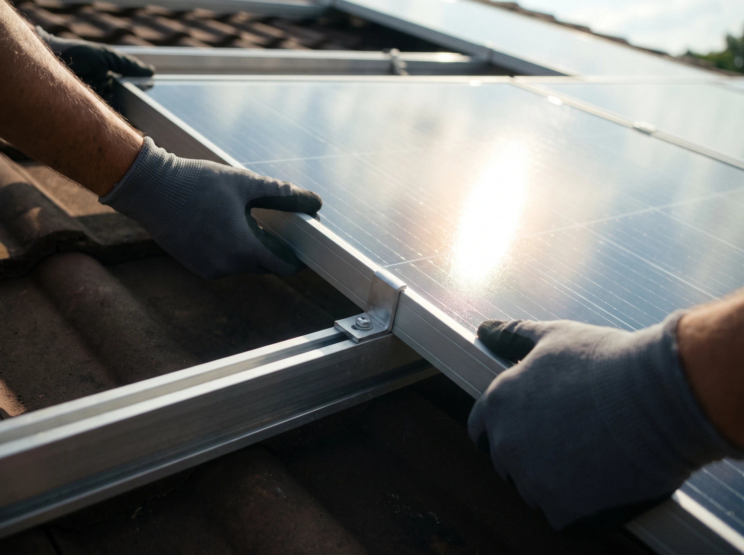 Close-up of professional solar installers work