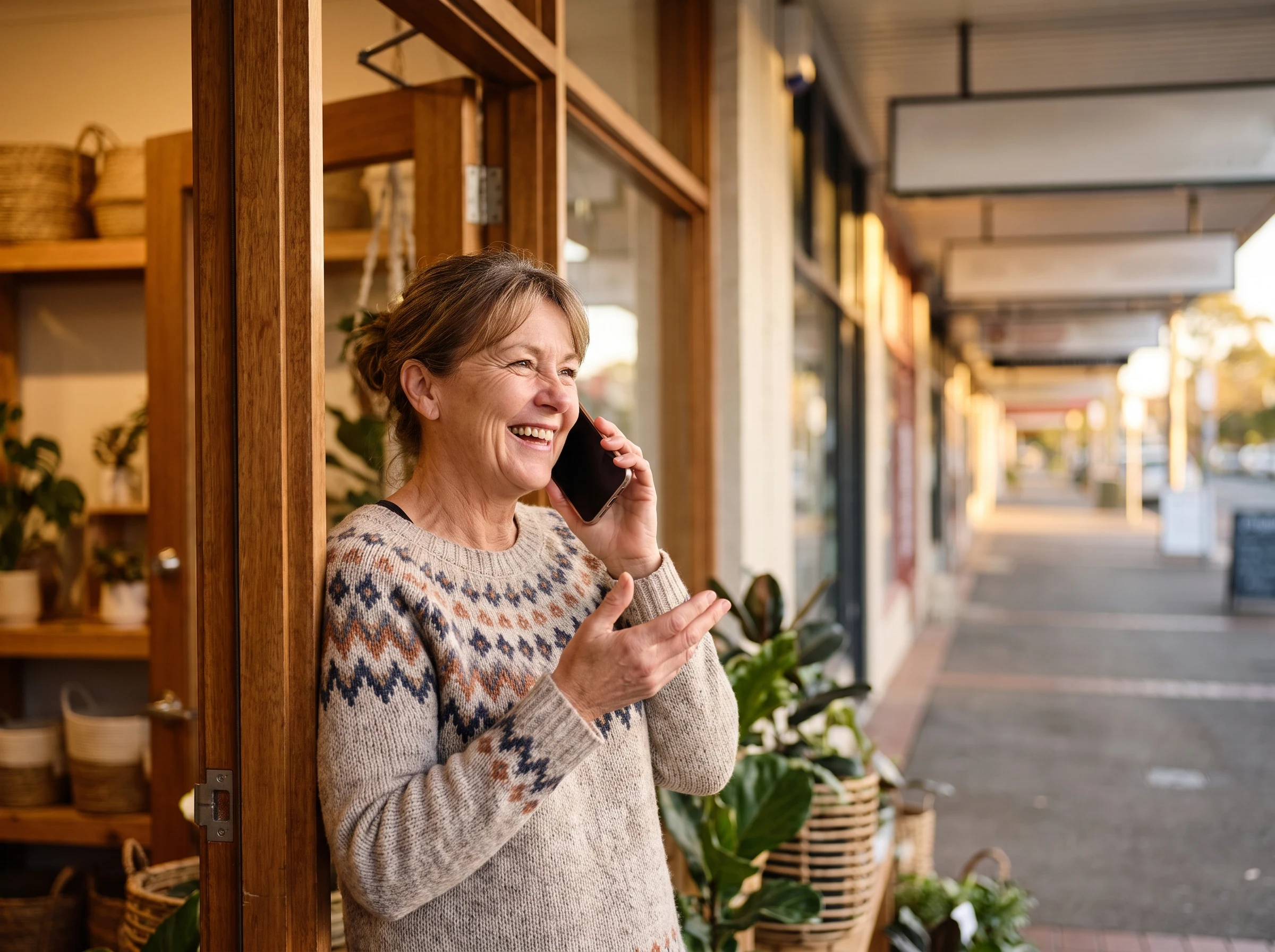 A local New Farm business owner on the phone in a sunlit suburban shopfront