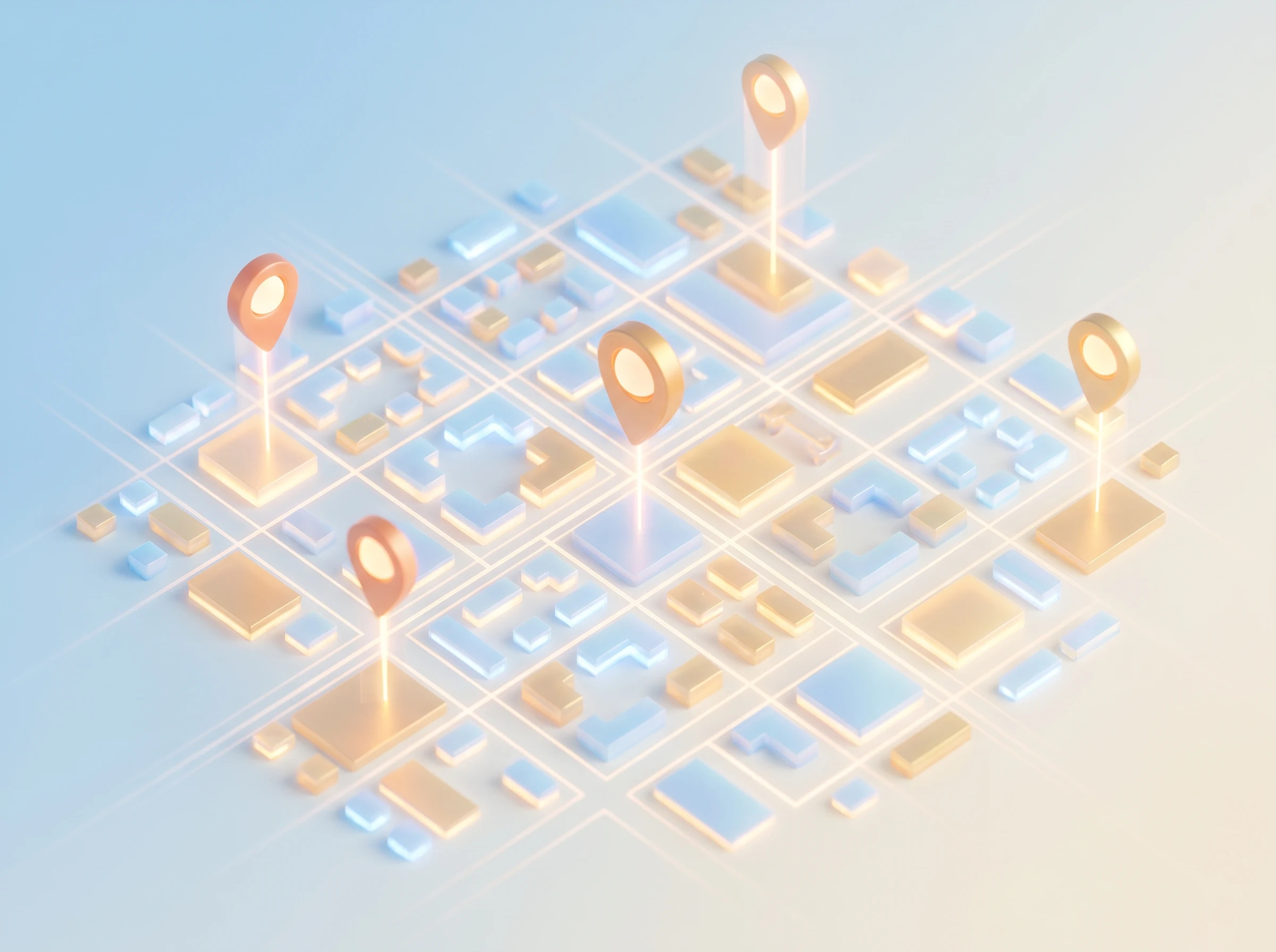 Stylised map of New Farm with glowing local-search location pins