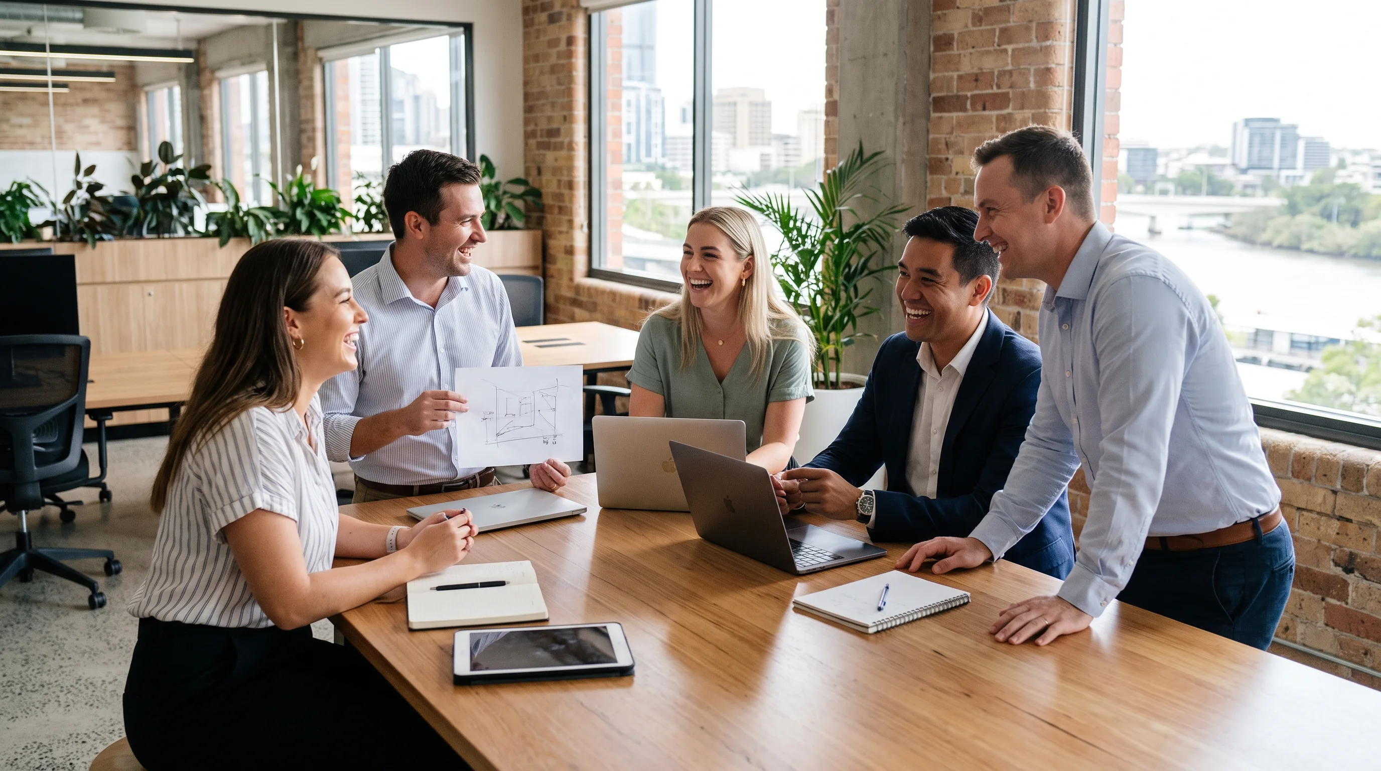 Small Australian digital agency team collaborating around a table in a Brisbane office