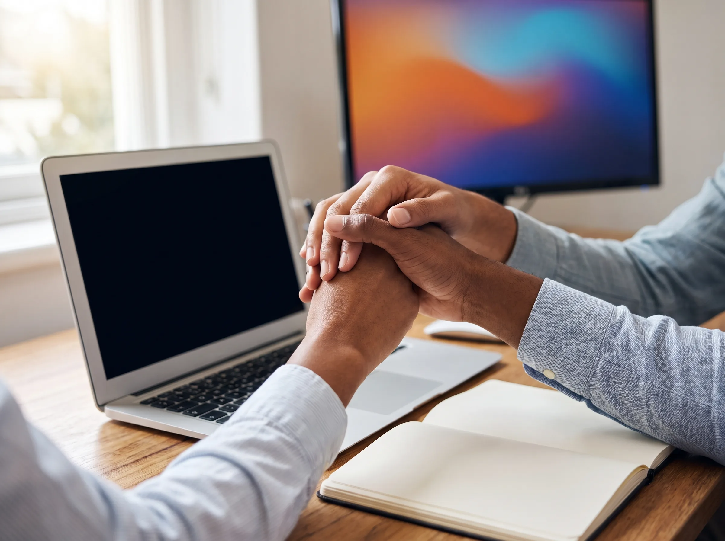 Team hands meeting over a laptop and blank notebook at a warm desk
