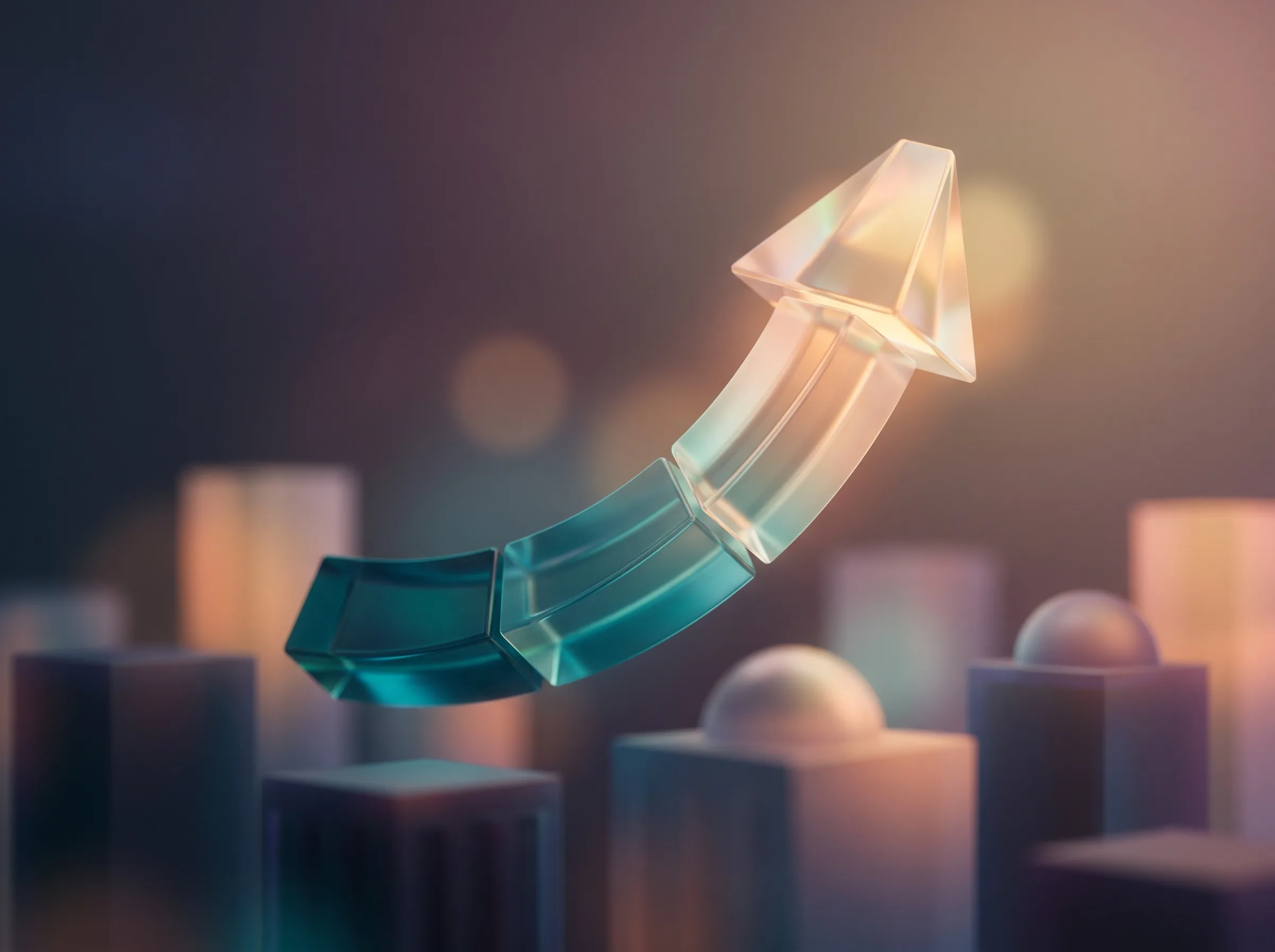 Glowing upward arrow-curve rising over softly abstracted city-skyline blocks
