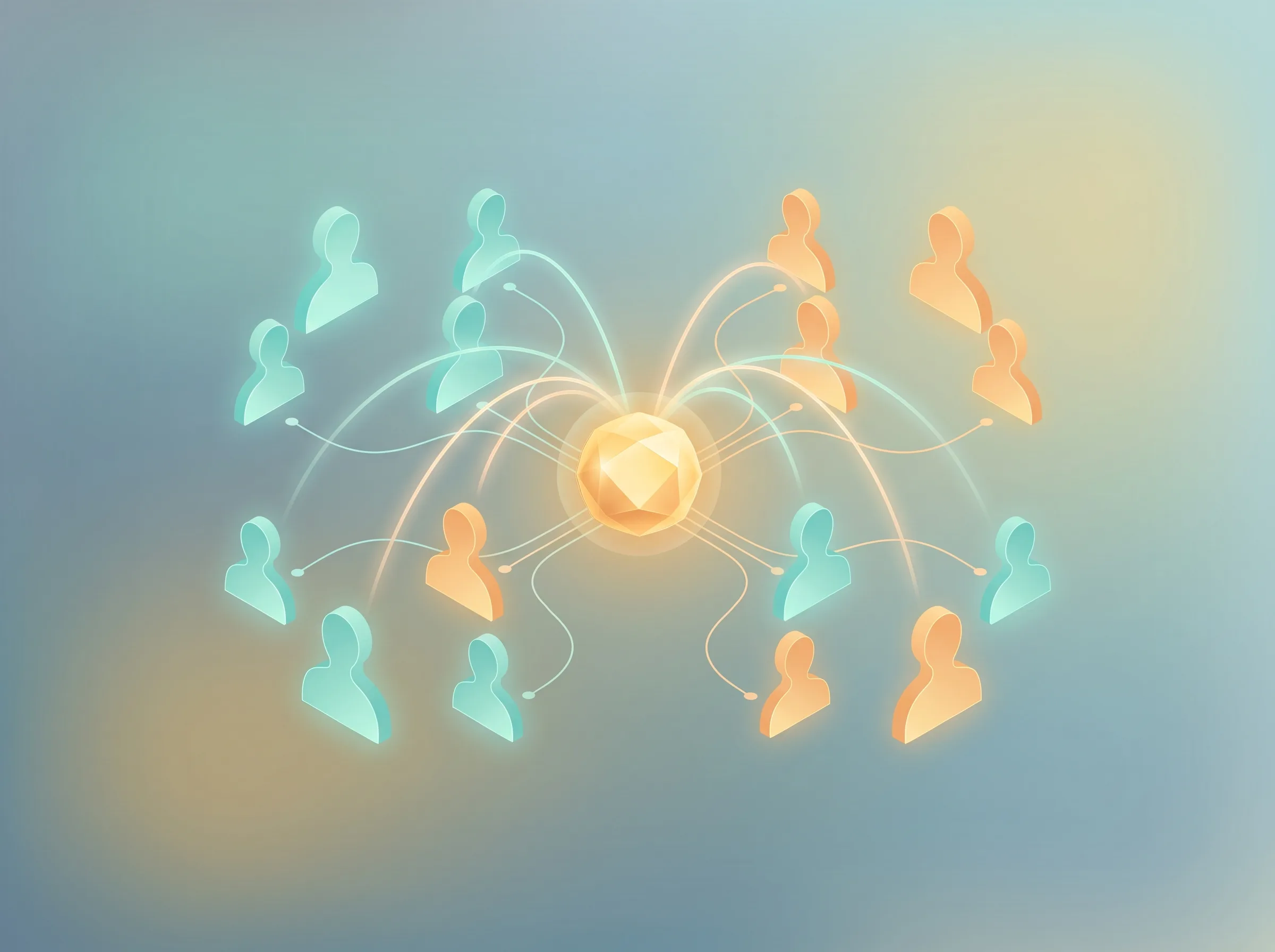 Isometric collaboration diagram of person-silhouette nodes linked to a central hub