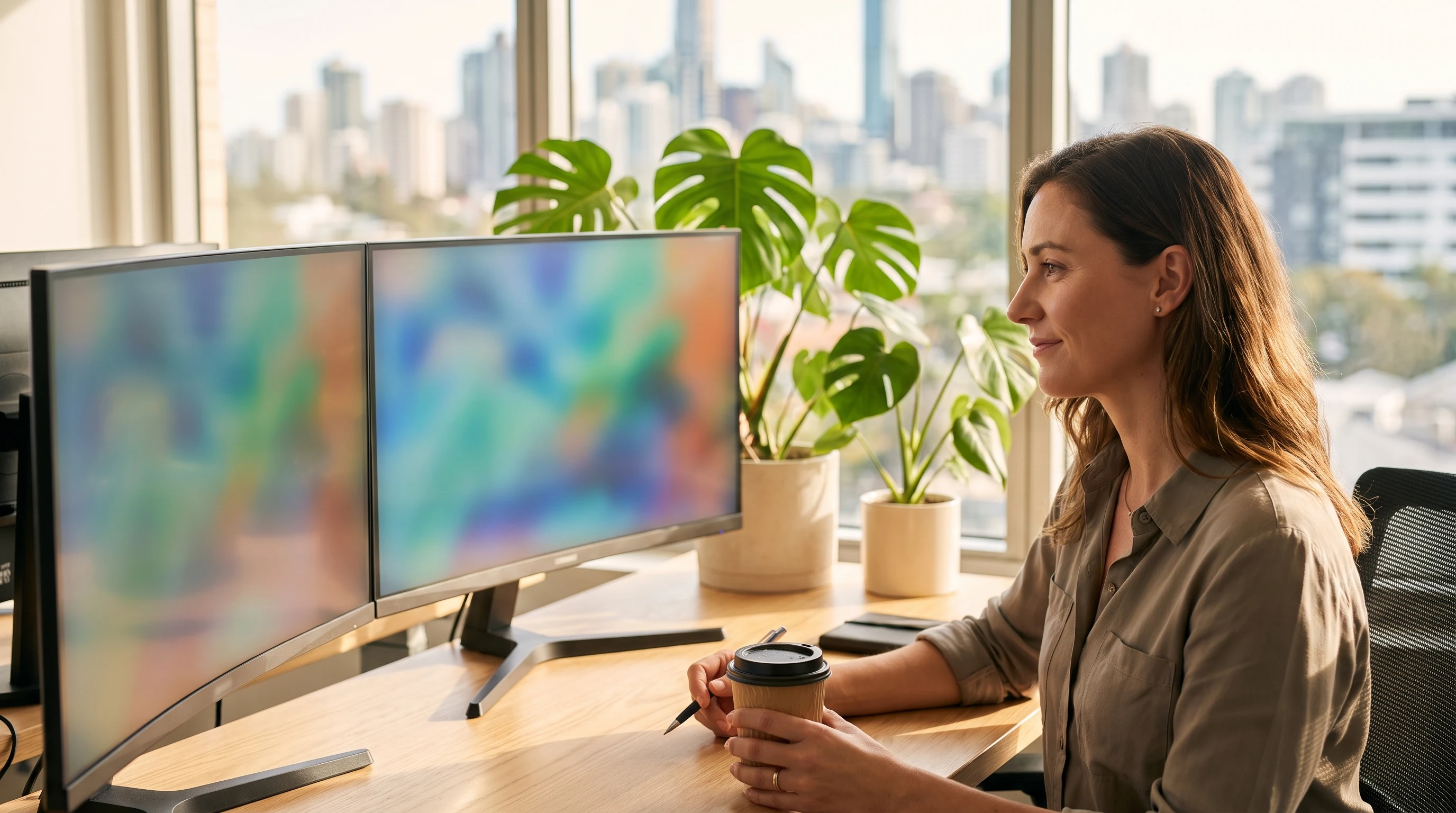 SEO specialist at a bright Brisbane office desk with two monitors of blurred colourful dashboards