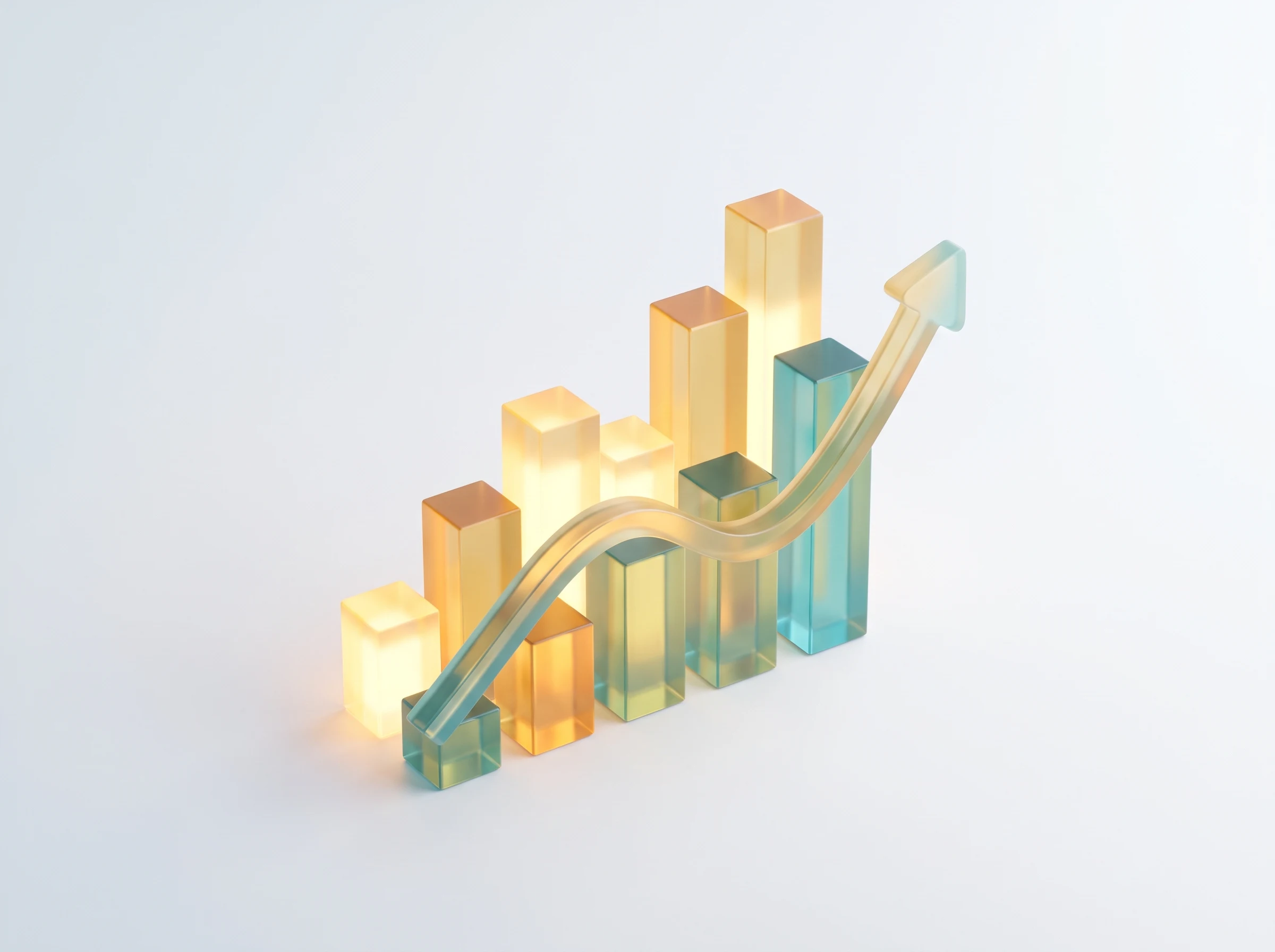 Glowing glass ascending bar chart with a rising trend line and arrow in gold and teal