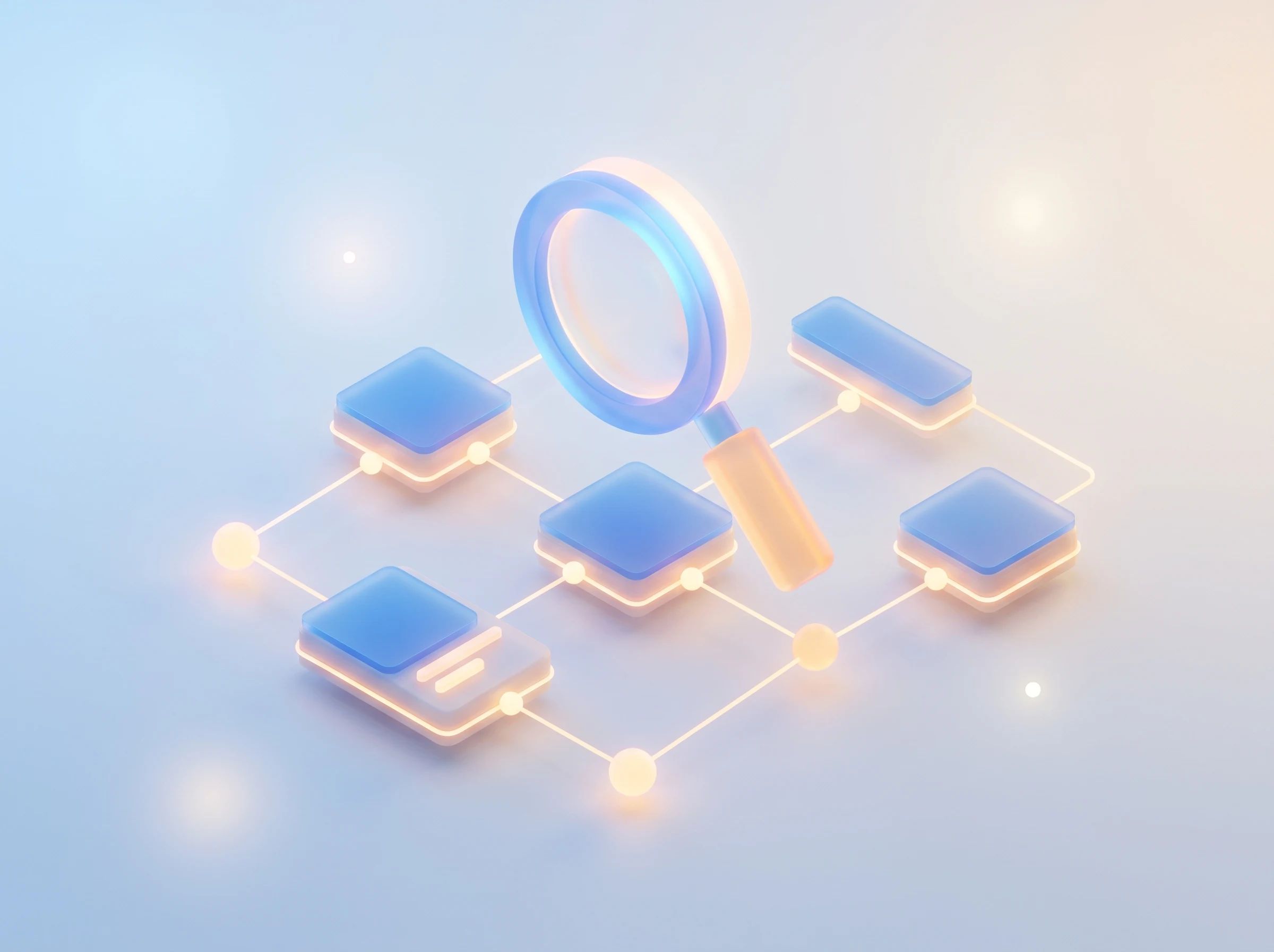 Isometric magnifying glass hovering over connected content cards and nodes