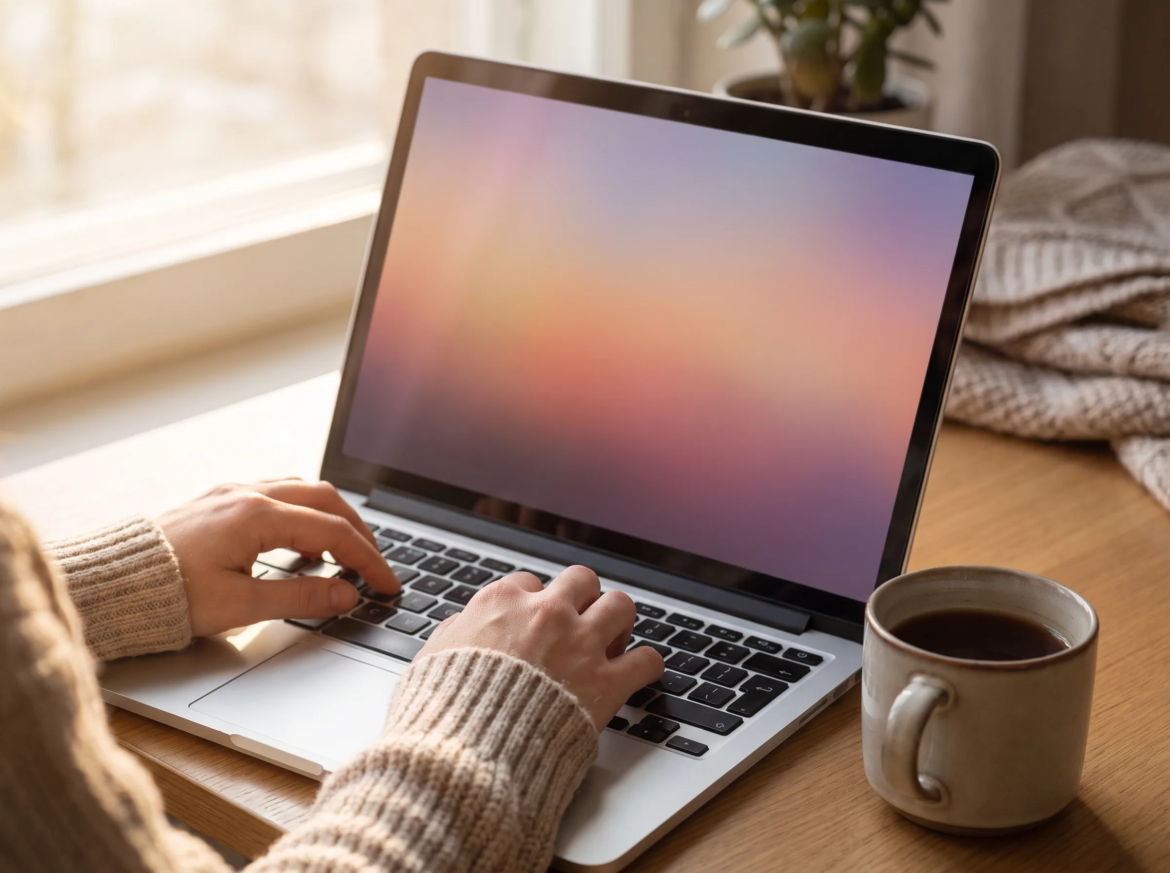 Hands typing a message on a laptop beside a coffee cup in a warm workspace