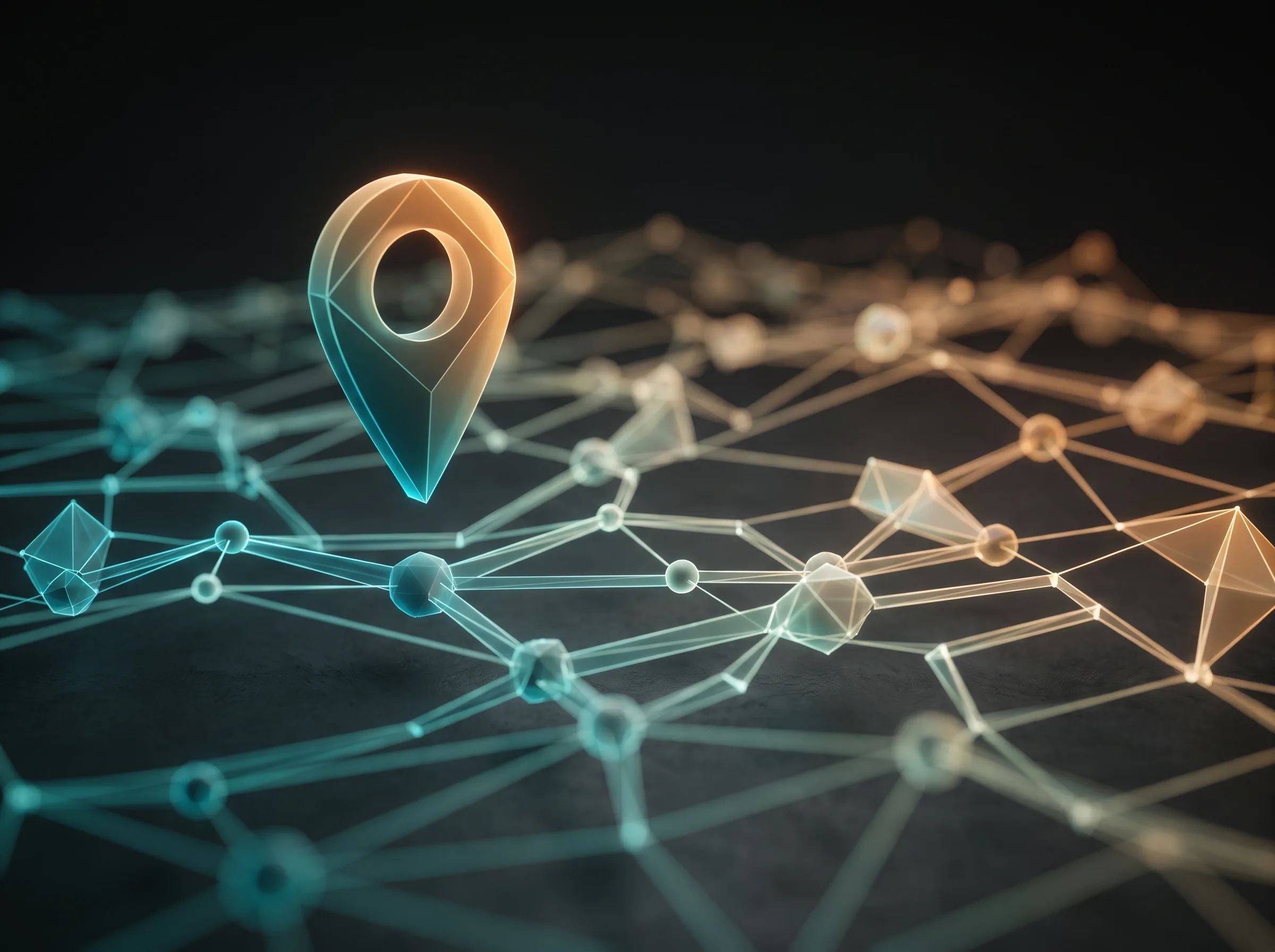 Glowing map-pin rising above an abstract network of streets and nodes