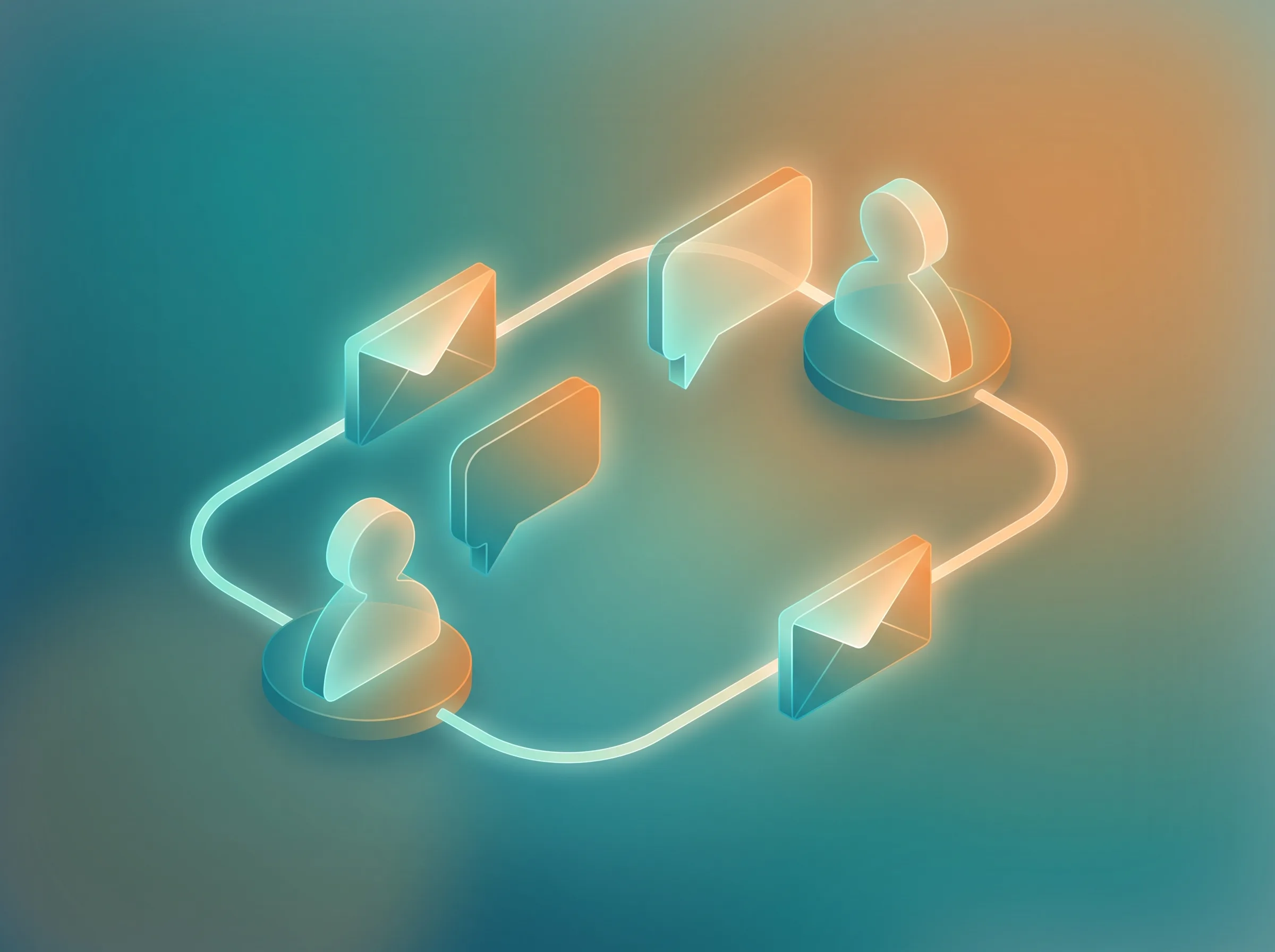 Isometric communication diagram linking two person nodes with speech-bubble shapes