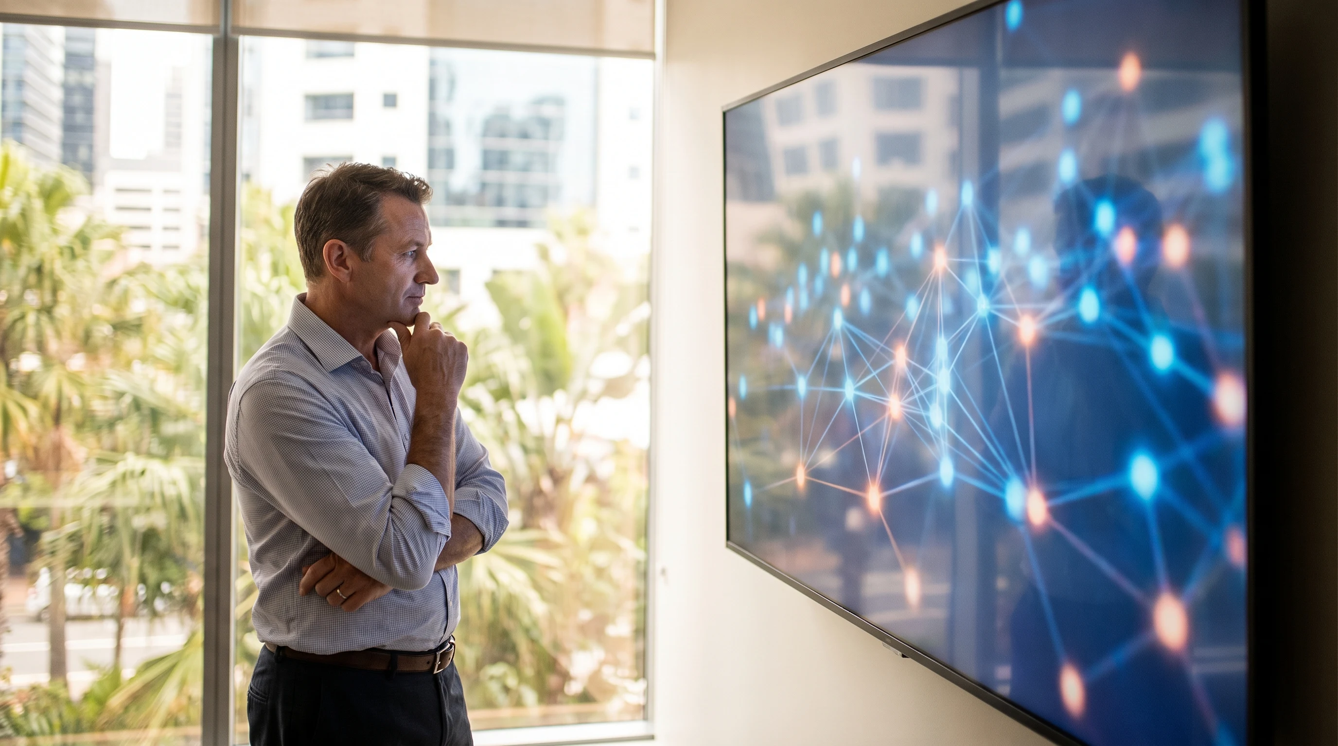 Professional in a bright office viewing a wall screen of a glowing blue node network