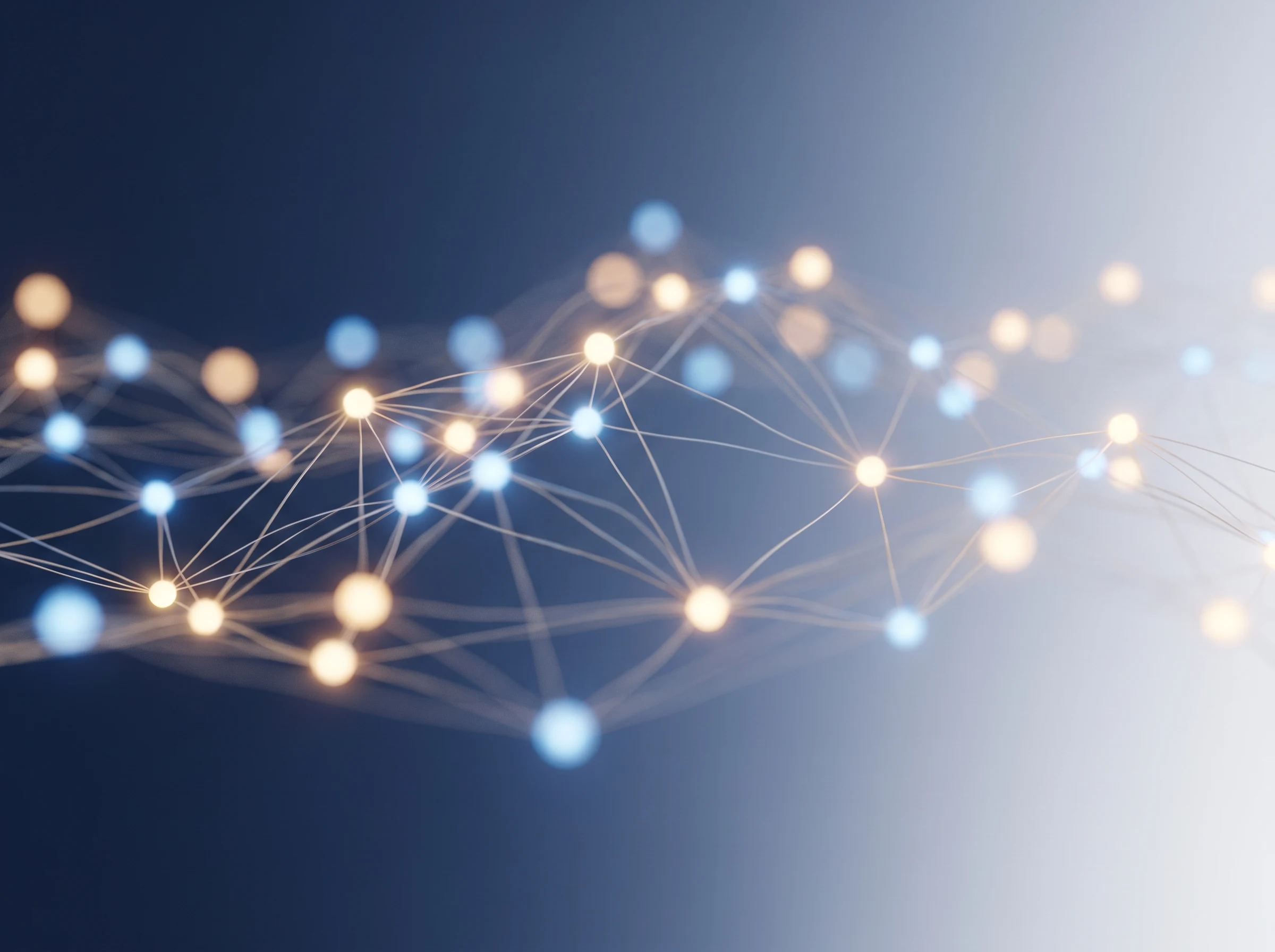 Abstract glowing AI neural network of connected nodes and light filaments