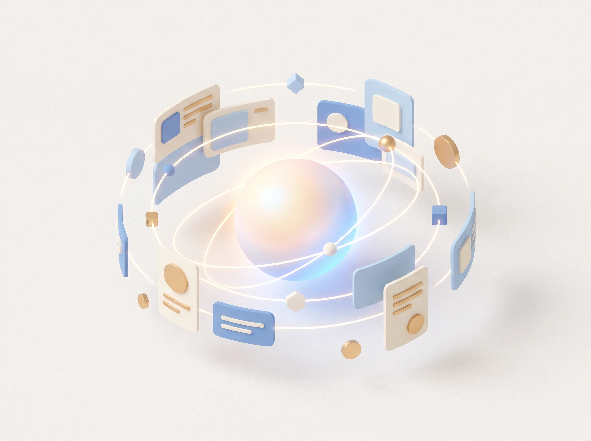 Isometric knowledge graph: a central glowing sphere linked to orbiting content nodes