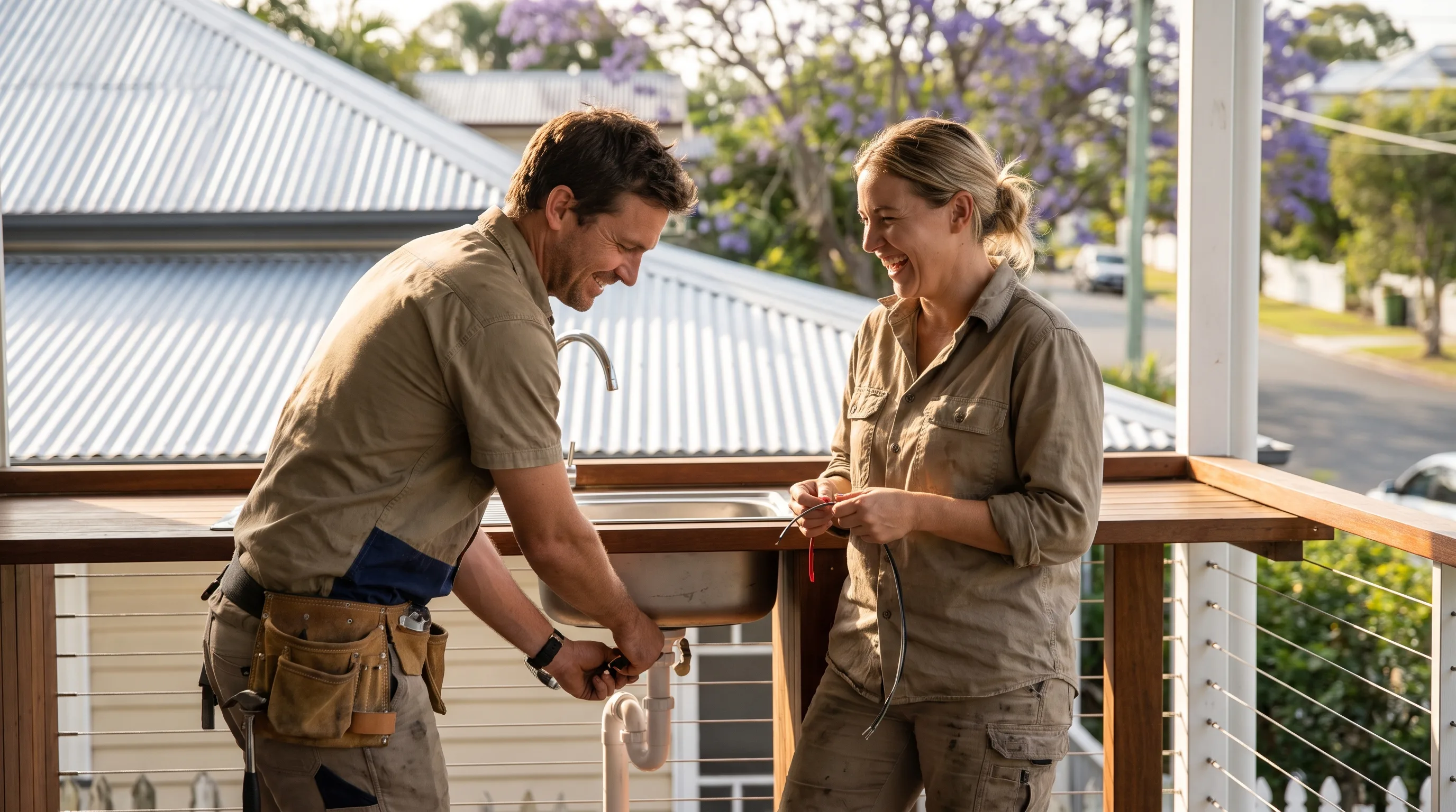 Two Australian tradespeople in unbranded workwear working together on a suburban job