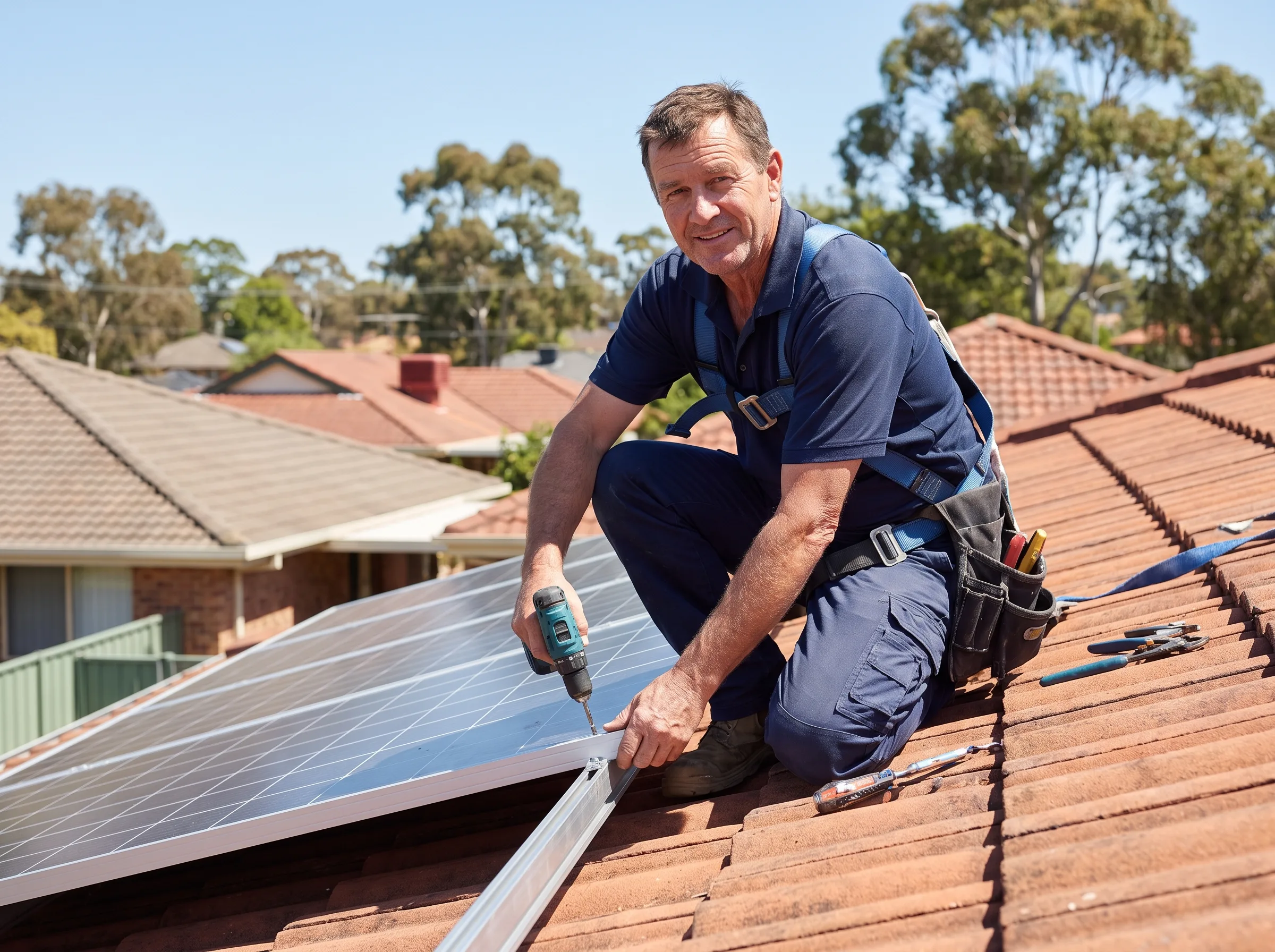 Australian solar installer mounting a panel on a suburban rooftop under a blue sky