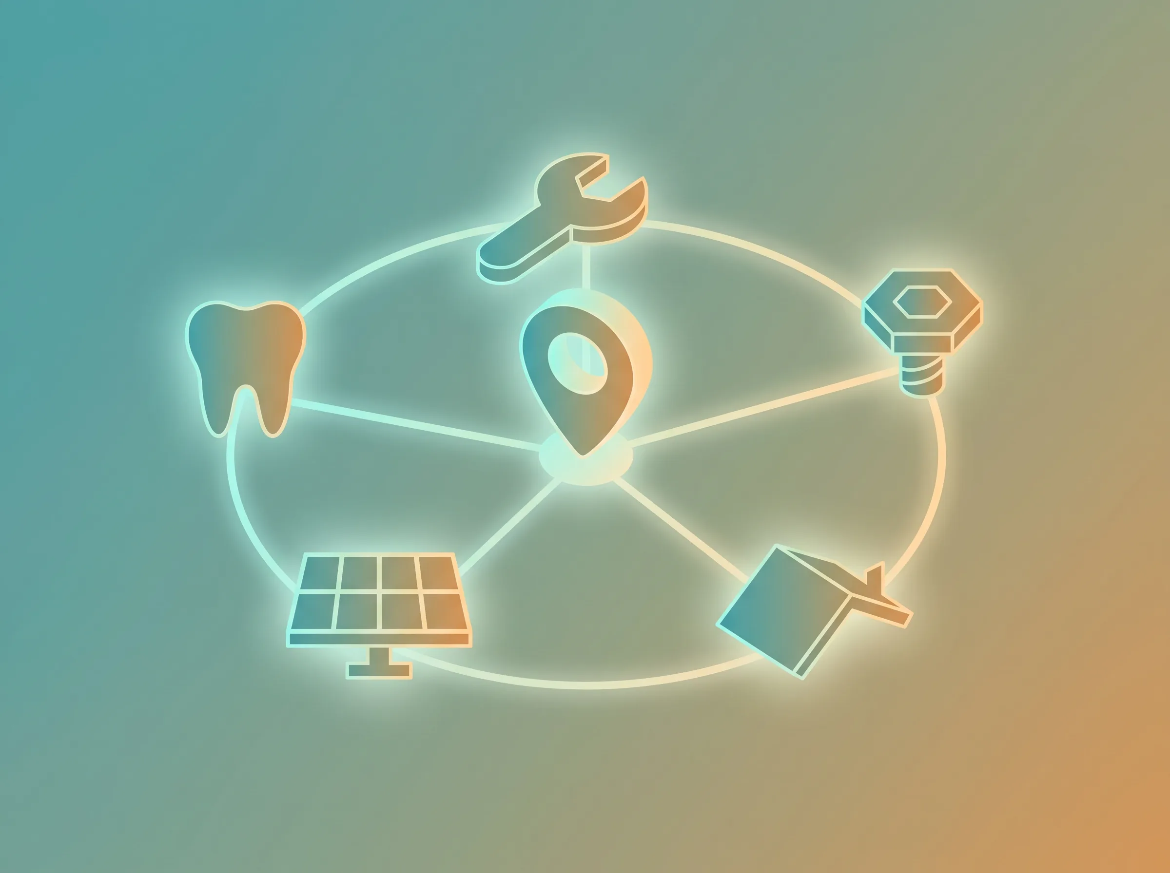 Isometric industry map: a location-pin hub linked to trade and service icons