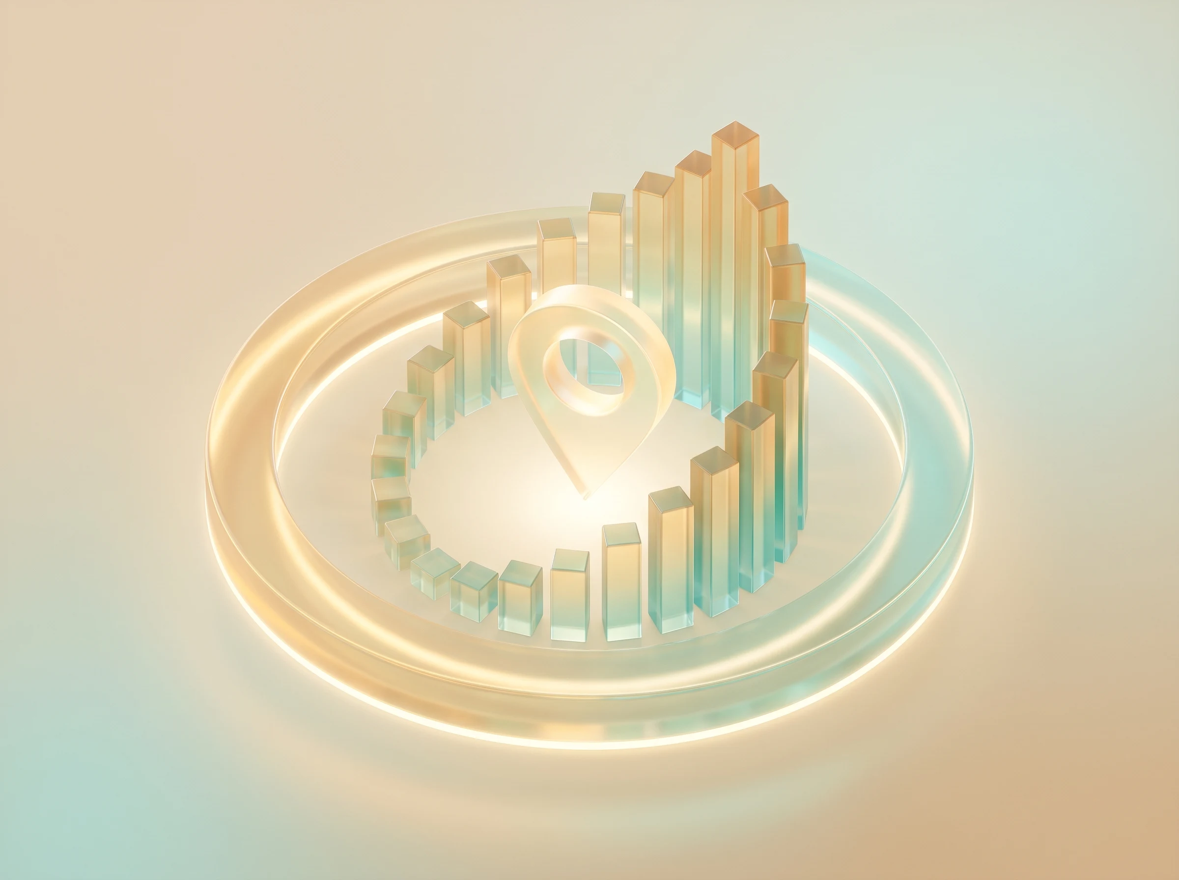 Glowing glass ring and ascending bars spiralling around a central location pin