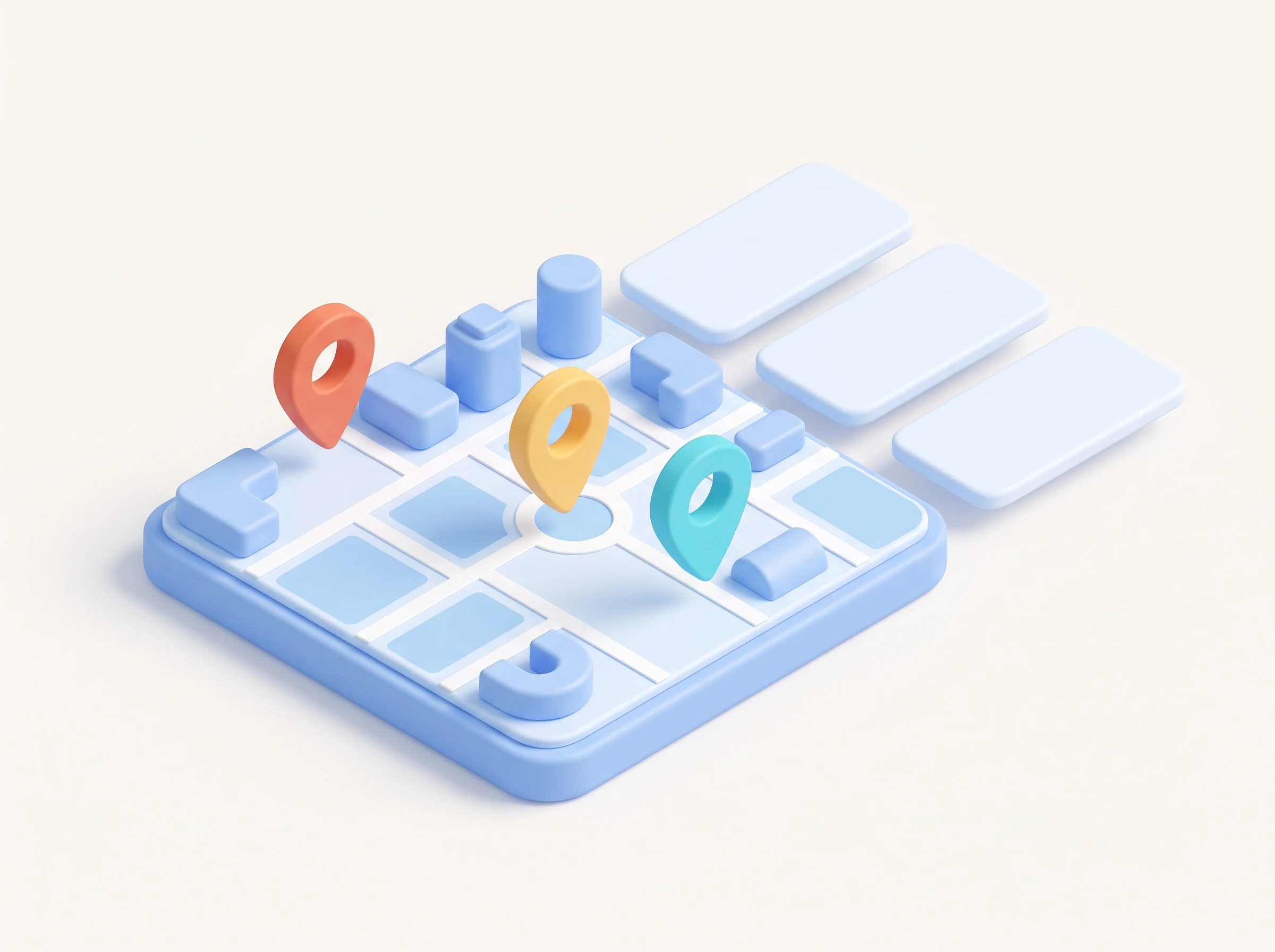 Isometric 3D map tile with three floating location pins beside soft blank result cards
