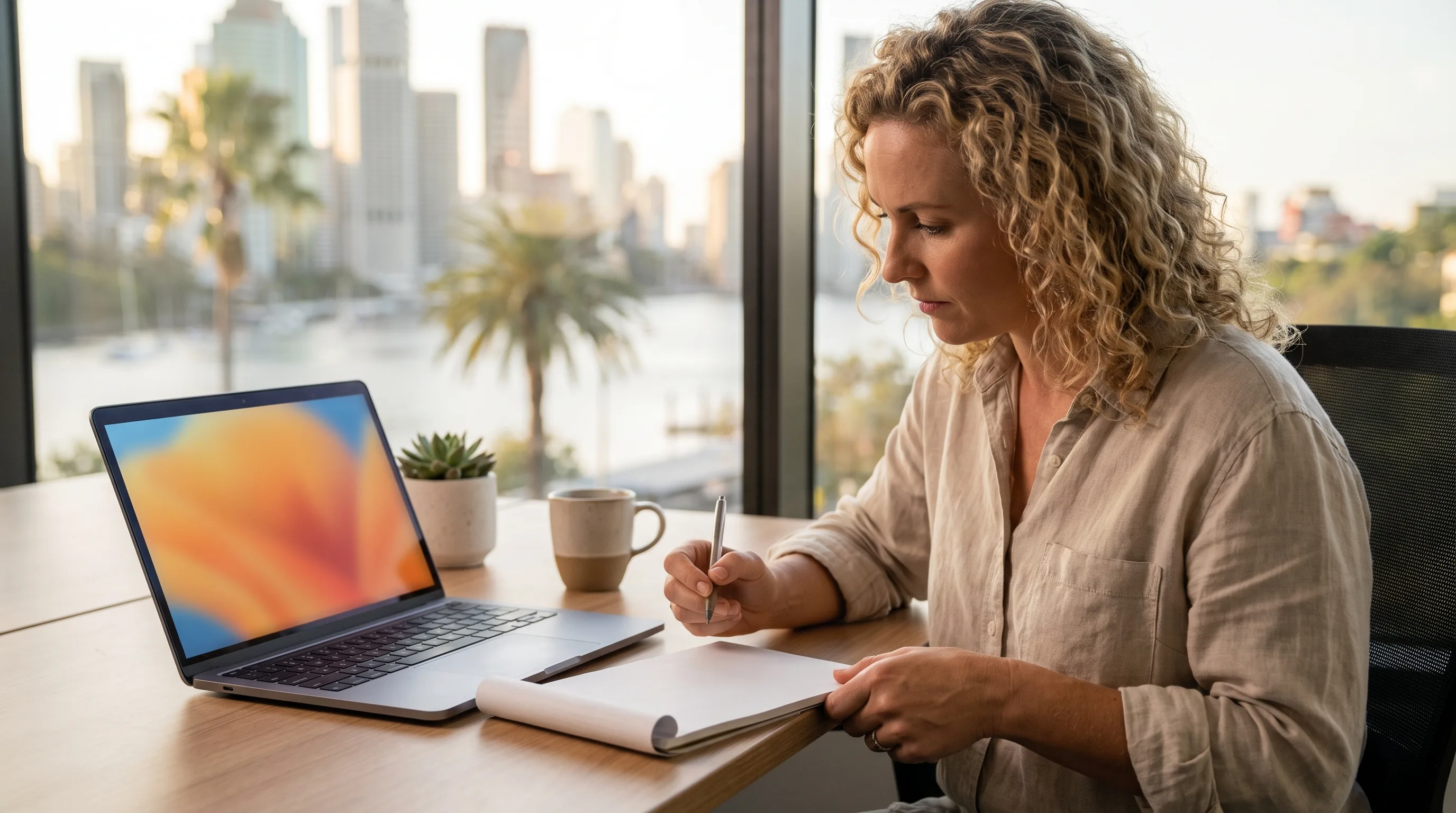 SEO specialist planning a strategy at a tidy desk with a laptop and blank notepad