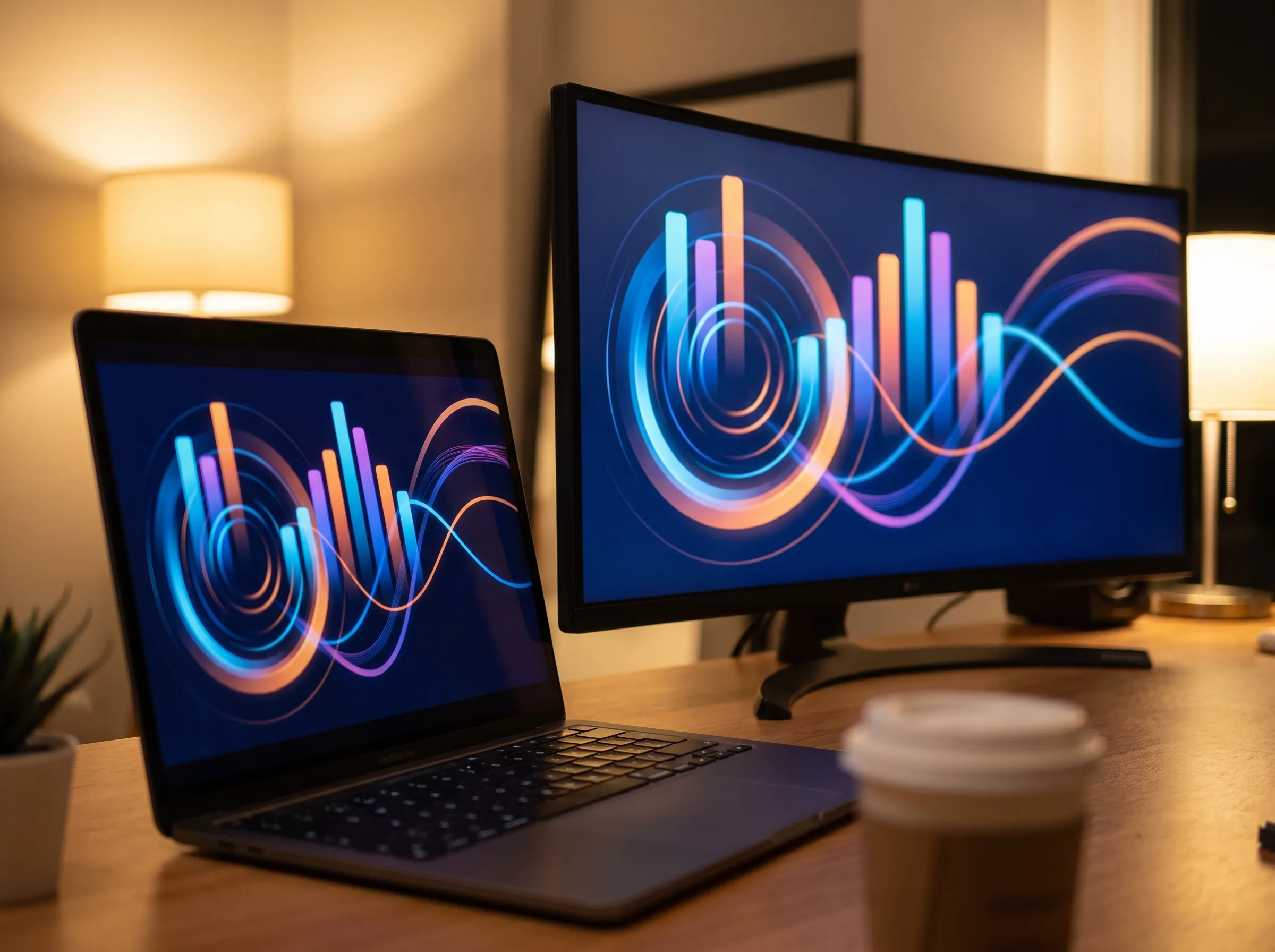 Laptop and monitor showing an abstract dashboard of glowing bars, rings and curves