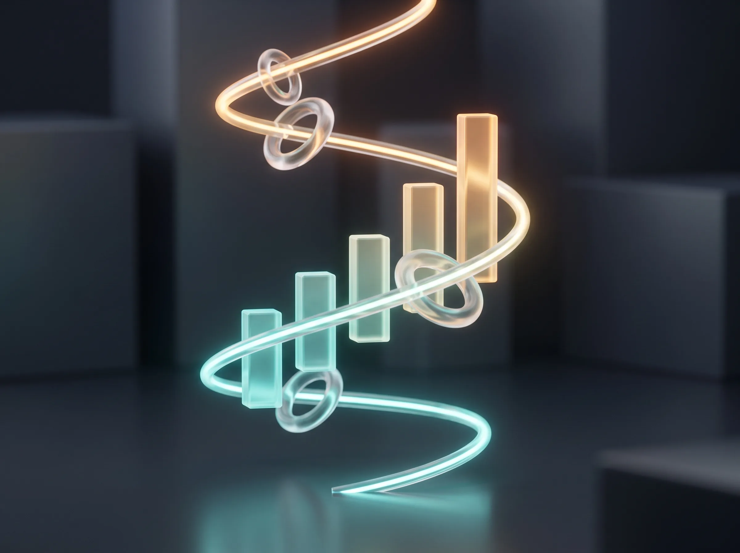 Rising glowing bars with a spiral growth curve and orbiting ring shapes