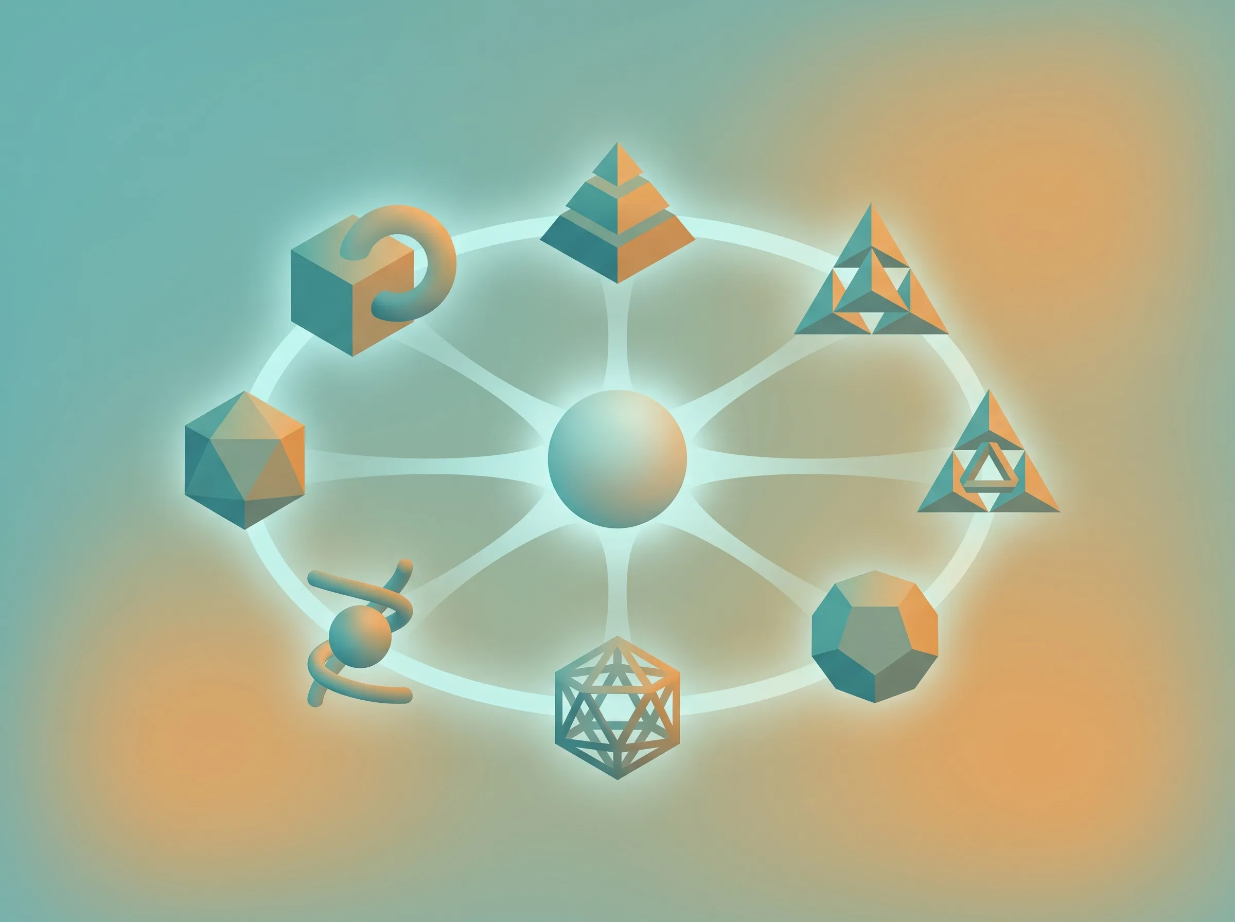 Isometric service cluster: a central hub spoked to a ring of geometric icons