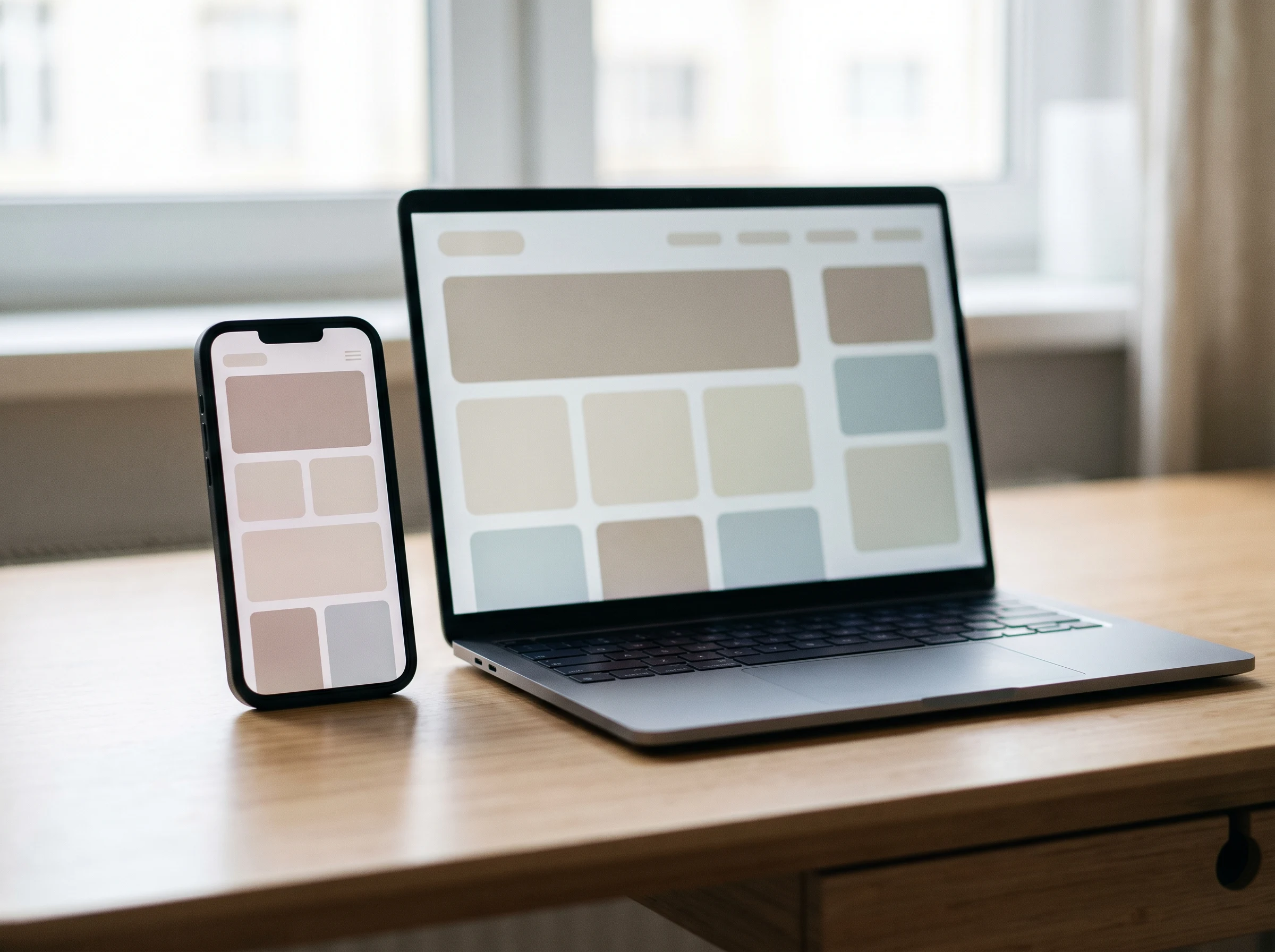 A smartphone and laptop showing matching blank placeholder website layouts
