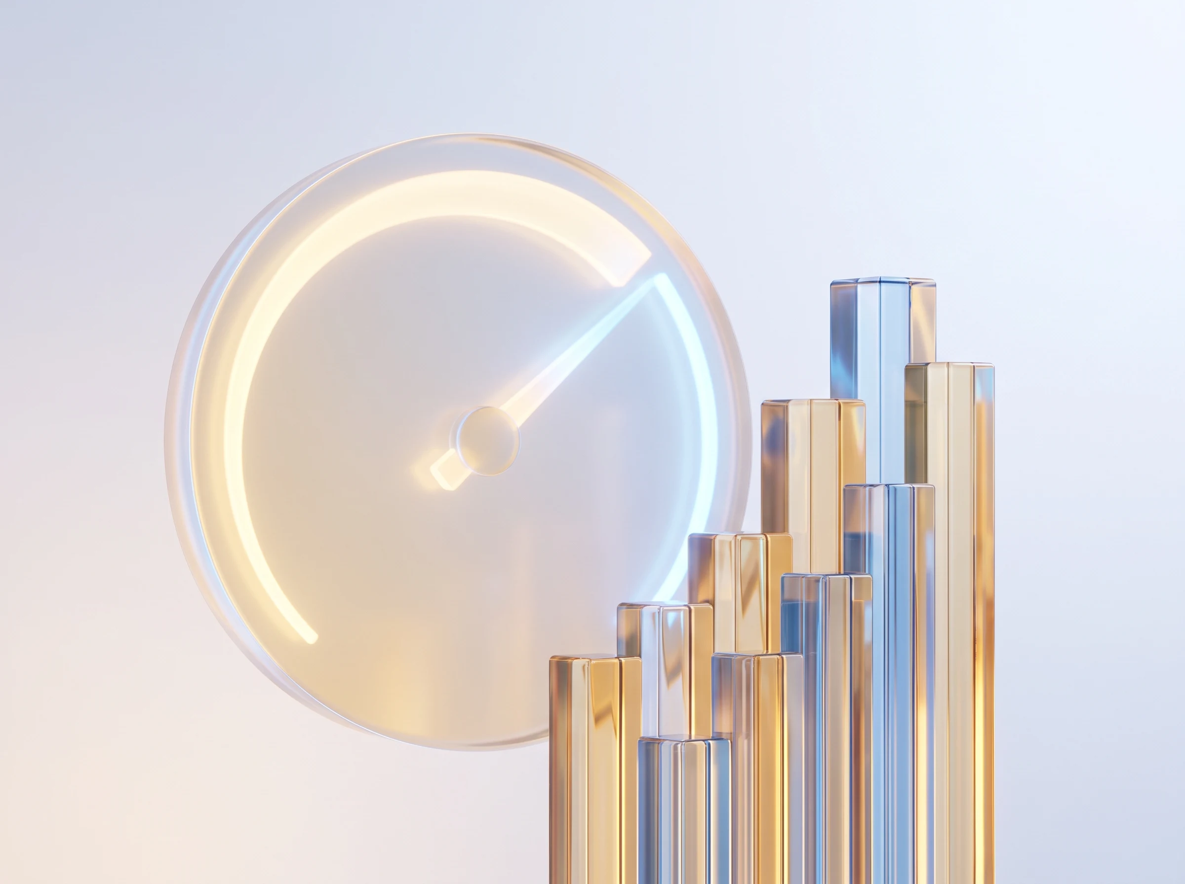 Glowing glass speed gauge beside a cluster of rising bars in gold and blue