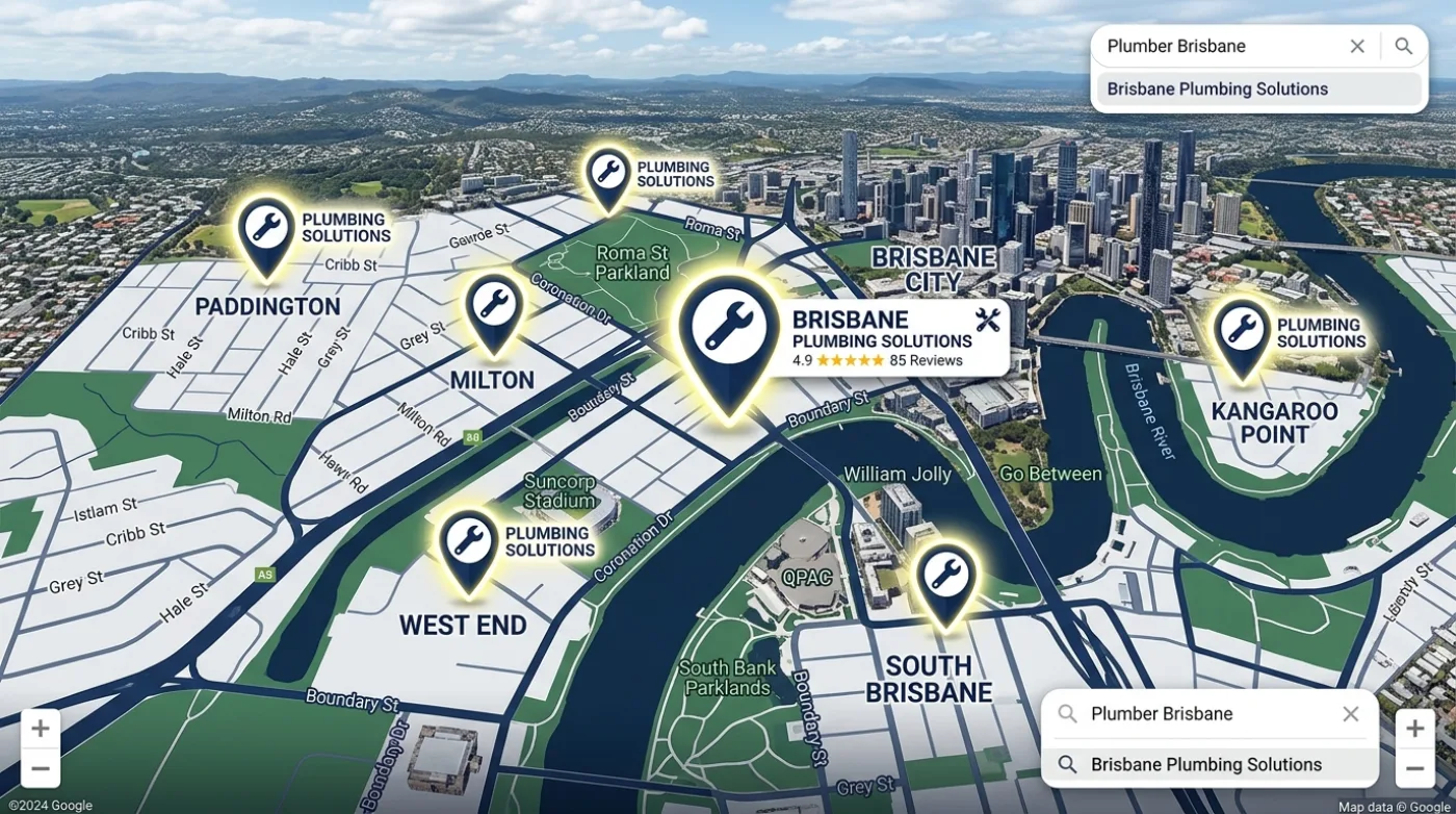 Google Map of Brisbane suburbs with plumbing business pins dominating the local pack