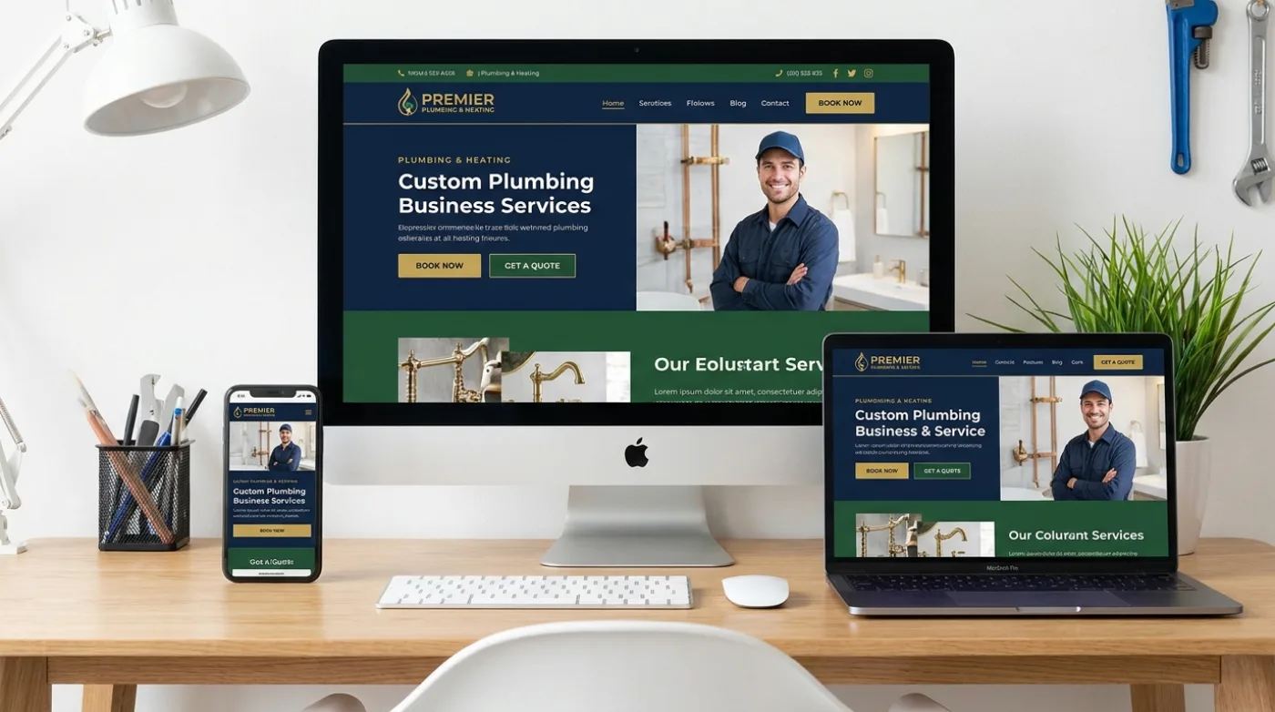 Custom plumbing website shown on desktop, laptop and mobile