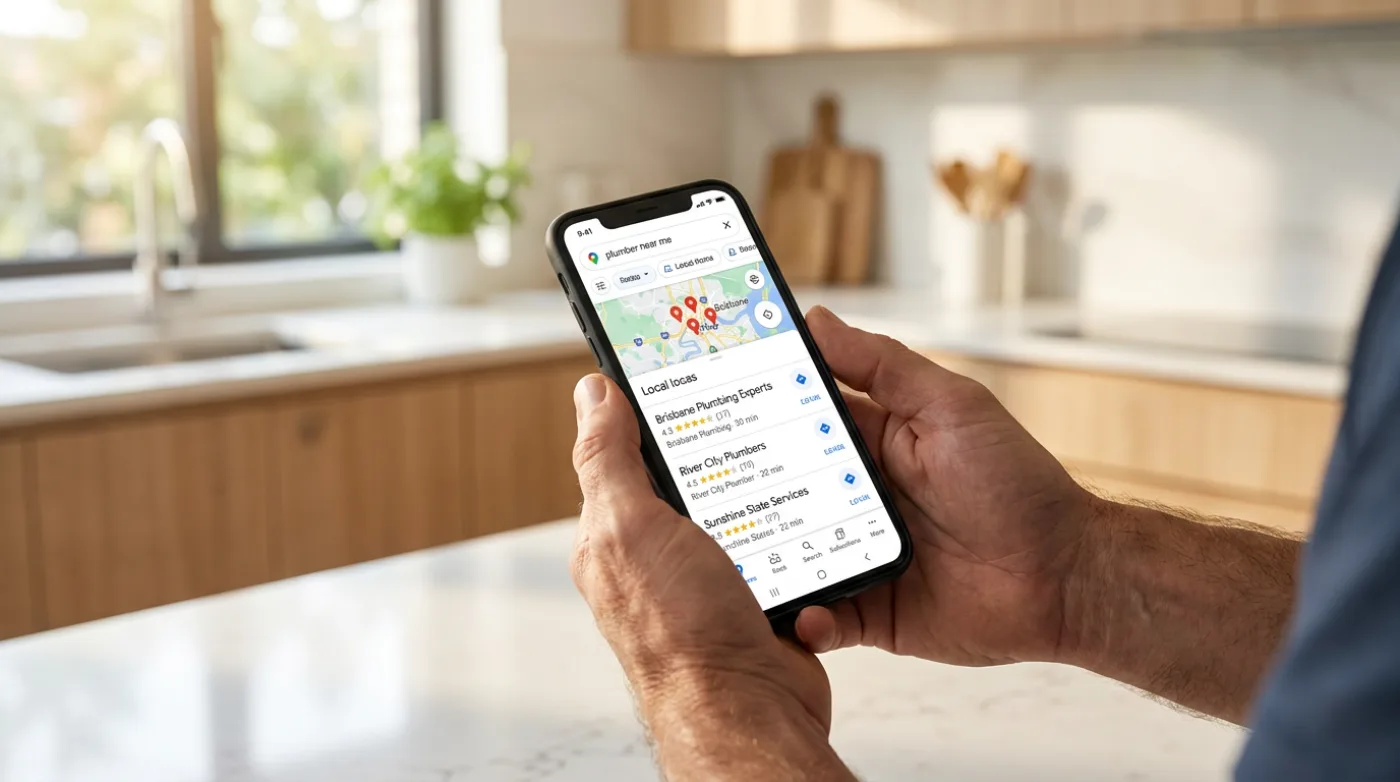 Homeowner searching 'plumber near me' on a phone showing Google Maps results in a Brisbane kitchen