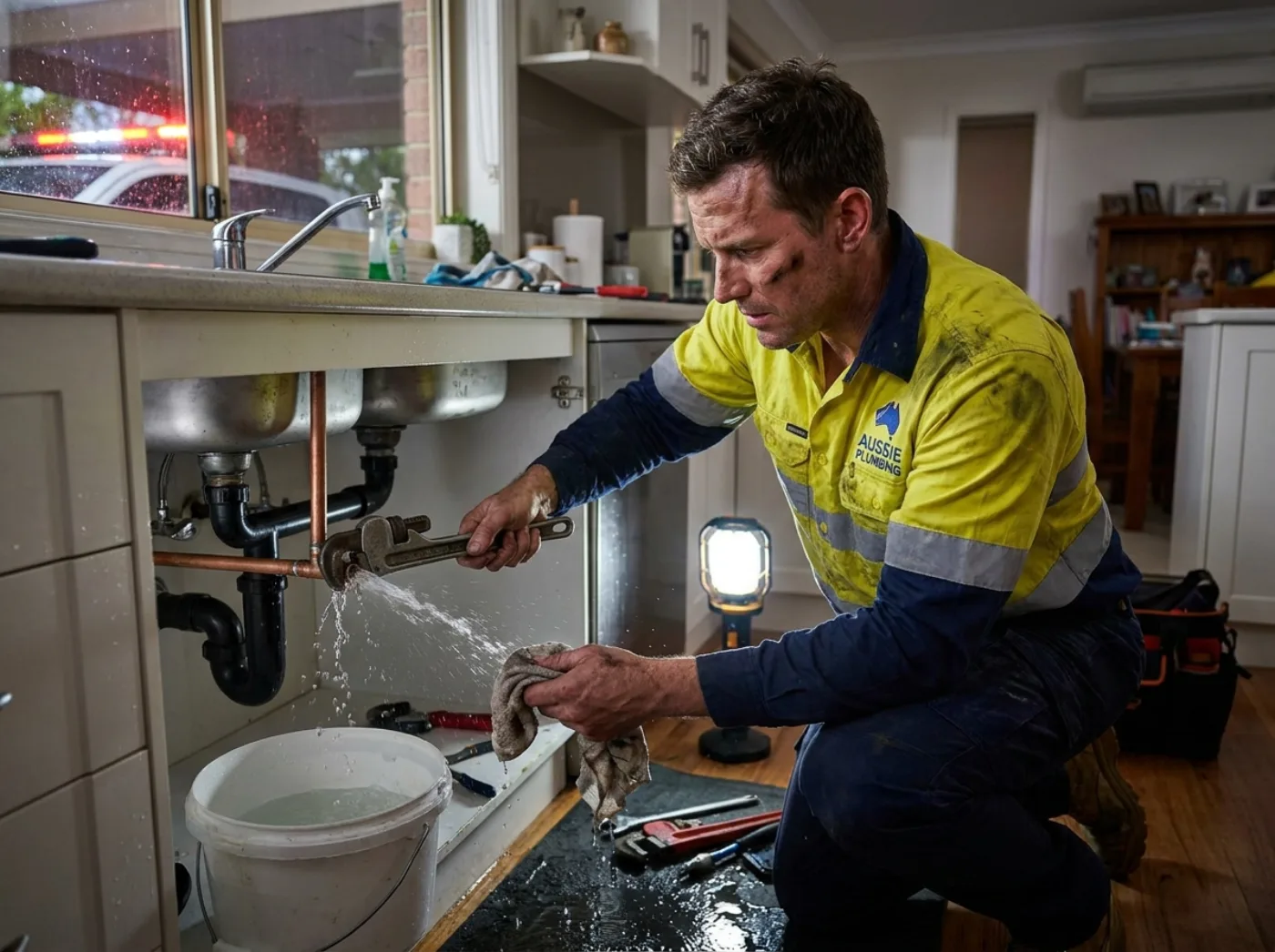 Plumber urgently repairing a burst pipe under a sink