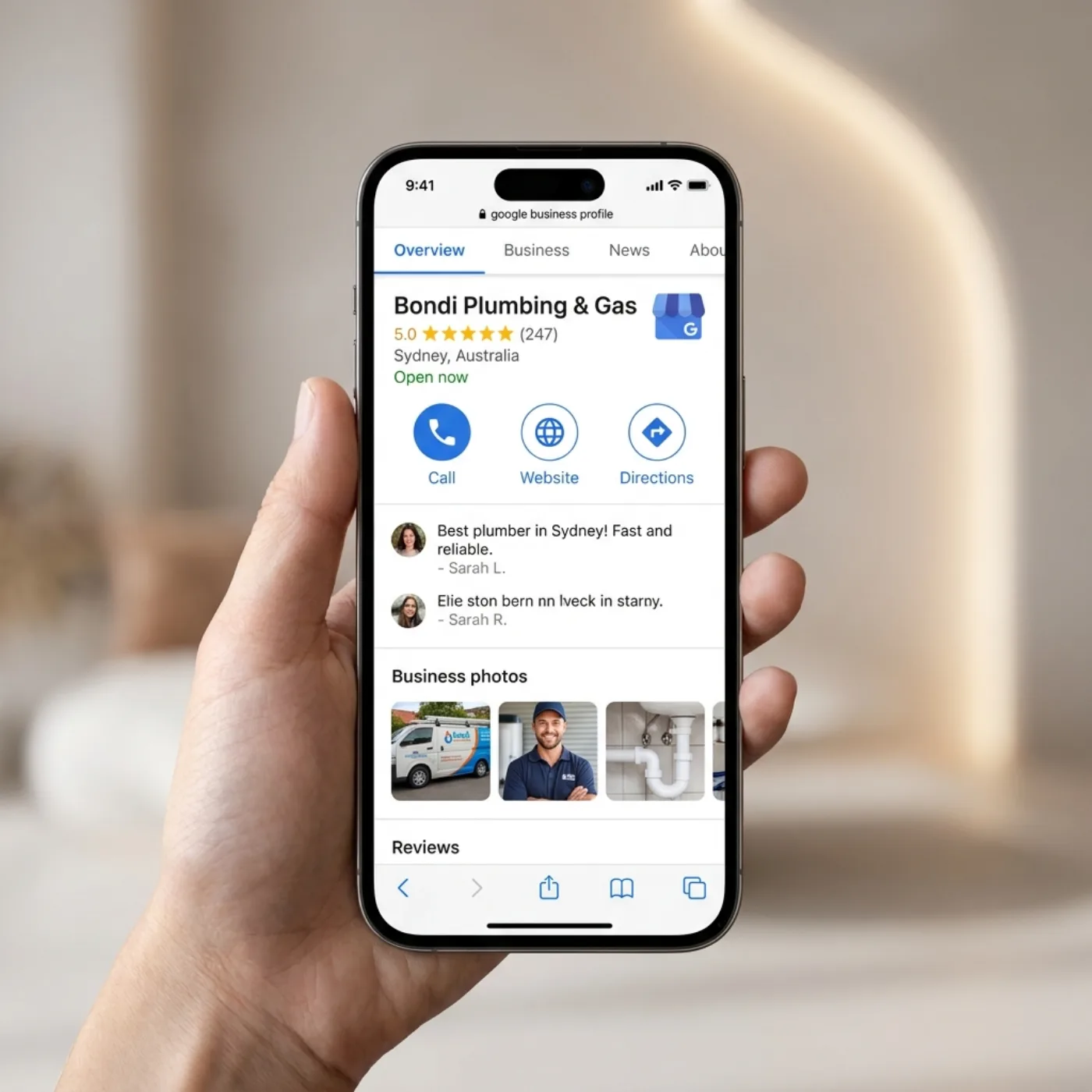 Optimised Google Business Profile for a plumbing business with 5-star reviews on a phone