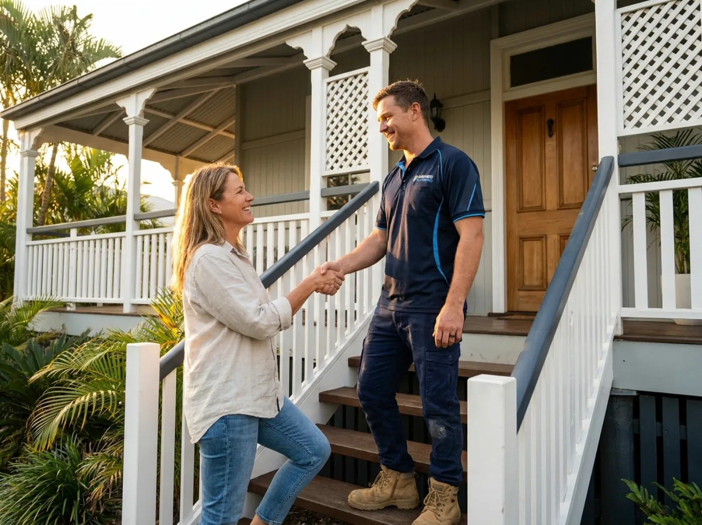 Happy Brisbane homeowner greeting a plumber at the front door