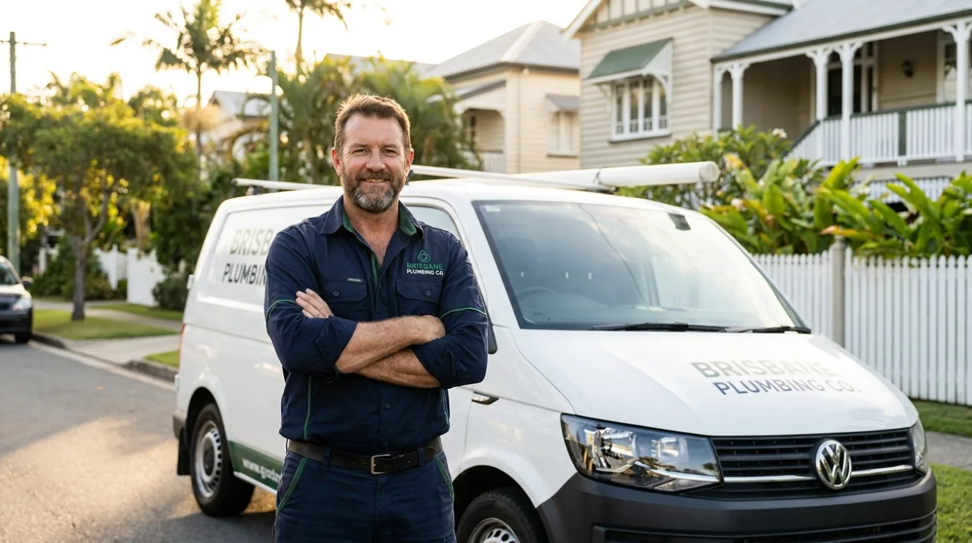 Brisbane plumber standing beside his branded work van in a leafy suburban street