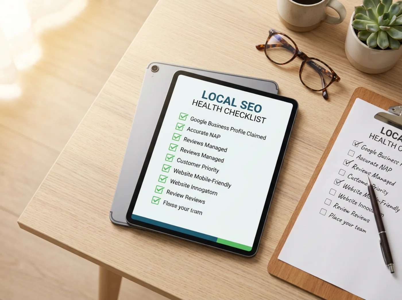Local SEO health checklist on a tablet beside a printed audit clipboard